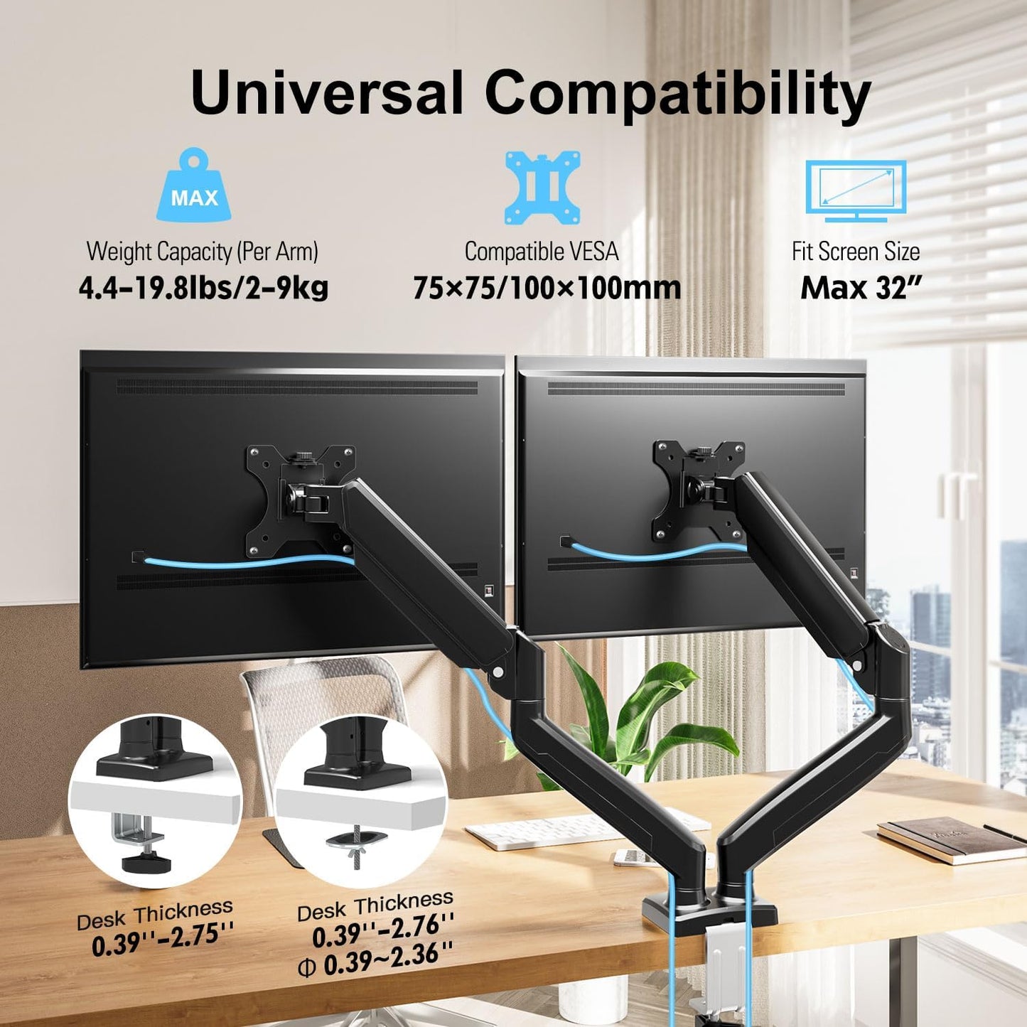 ErgoFocus Dual Monitor Mount Fits 13 to 32 Inch Computer Screen, Dual Monitor Arm Hold 4.4-19.8lbs Each, Full Motion Monitor Desk Mounts for 2 Monitors, Gas Spring Monitor Stand, VESA Mount
