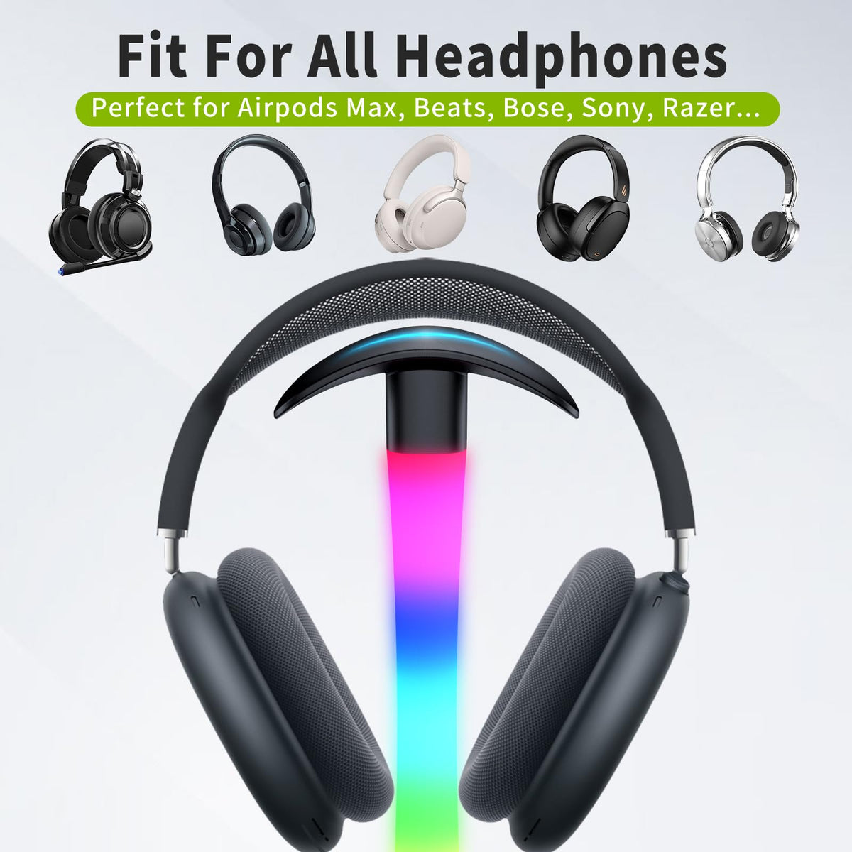 Tascaquin Headphone Stand with Charger,Gaming Headset stand with RGB Light Mode,For Airpod Max Stand,Desk Lamp,Phone Holder,Tablet Holder,desktop organizer,Gifts for Gamers & Music Lover(Black)