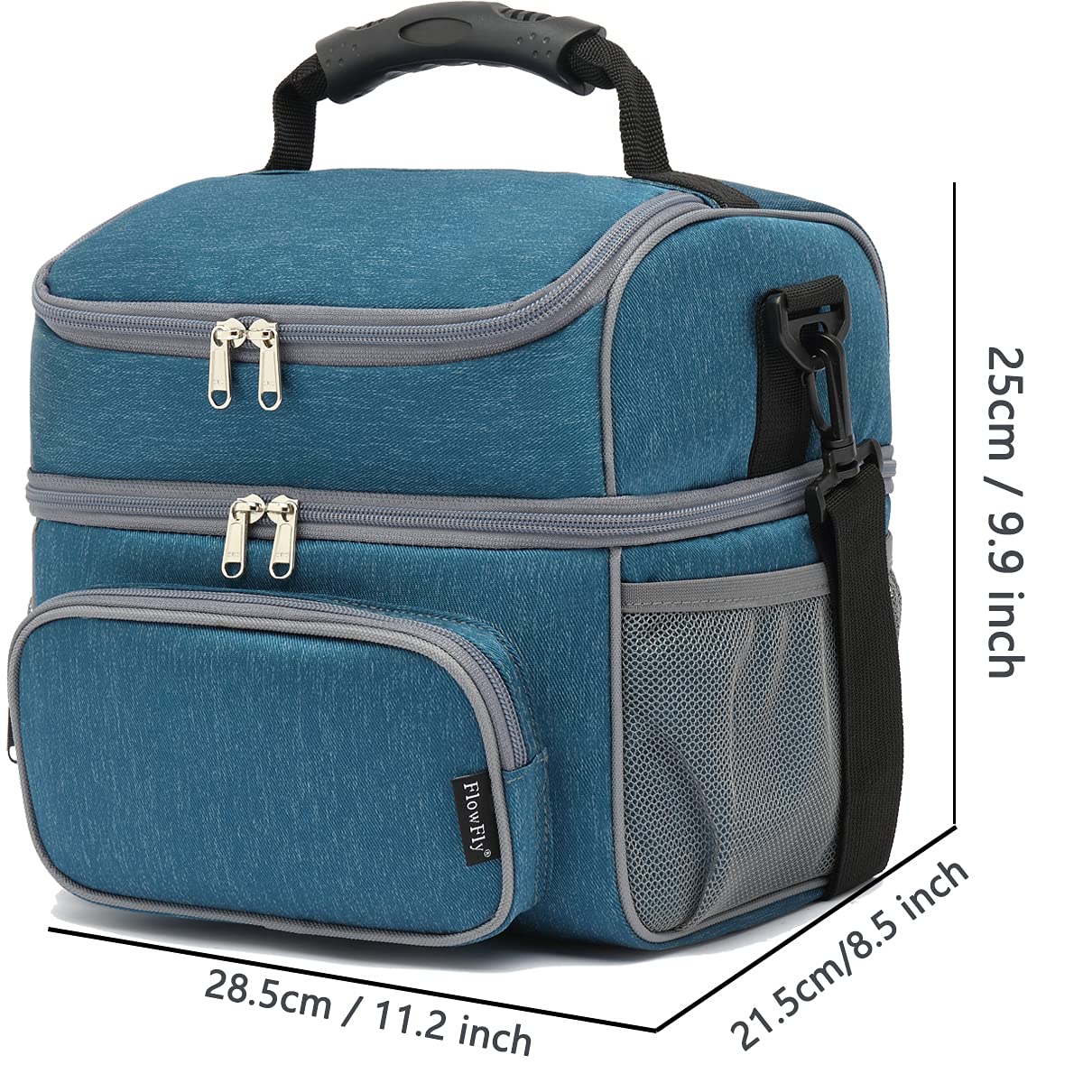 FlowFly Double Layer Cooler Insulated Lunch Bag Adult Lunch Box Large Tote Bag for Men, Women, With Adjustable Strap,Front Pocket and Dual Large Mesh Side Pockets,Lake Blue