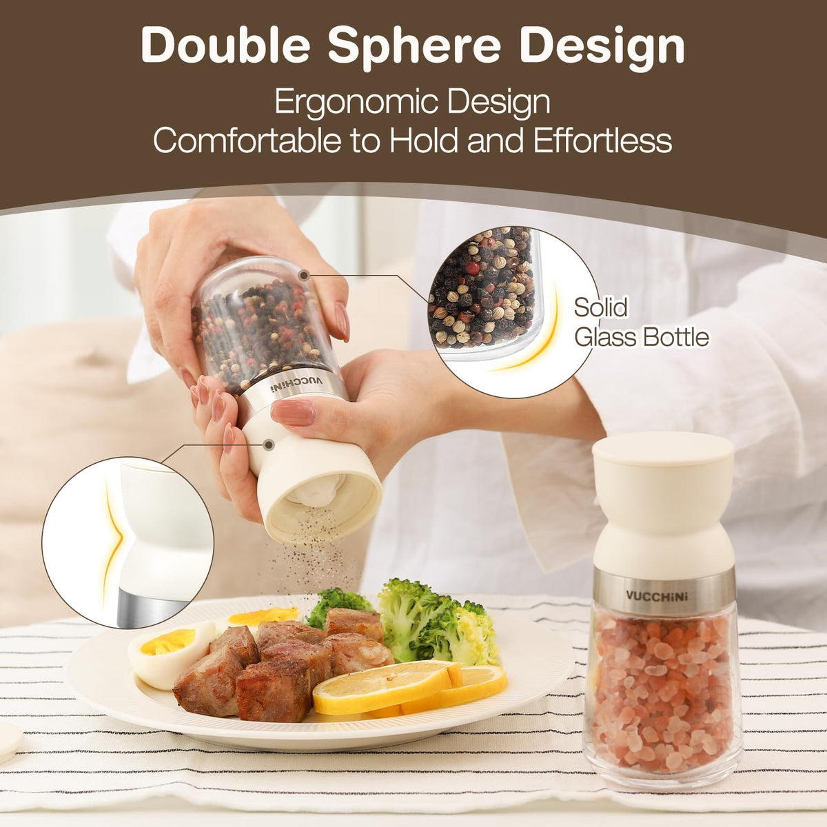 Vucchini Salt and Pepper Grinder Set with Adjustable Coarseness Ceramic Pepper Mill Manual Effortless Salt Grinder Spice Grinder for Home, Kitchen, Beige