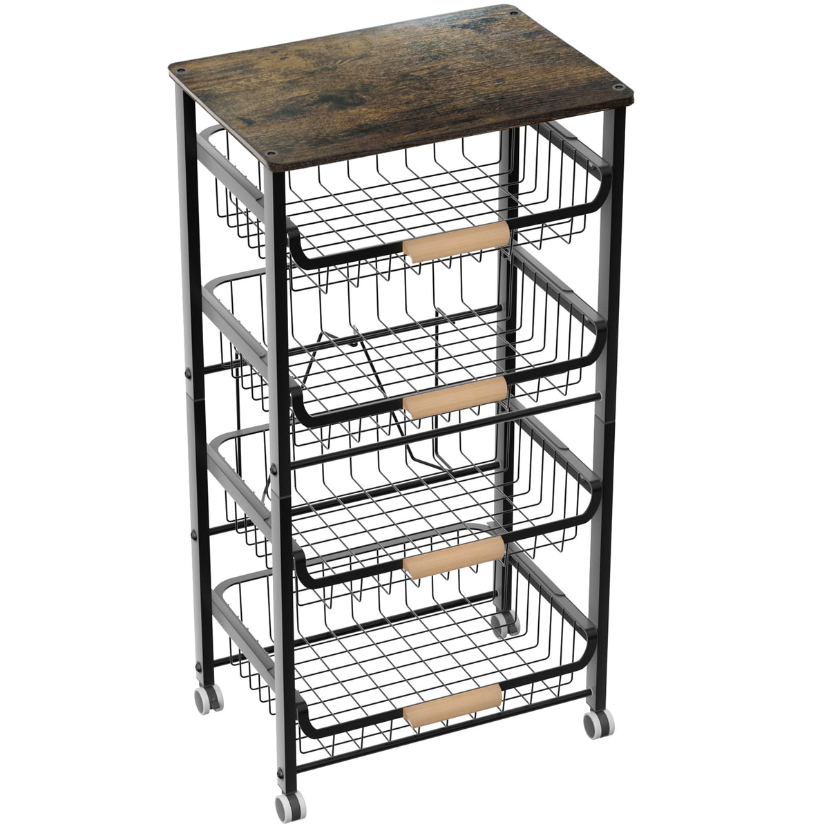 NiuYichee 5-Layer Fruit Basket Kitchen Food Organizer and Rack, Stackable Storage Cart with Desktop, Pull-Out Hollow Metal Basket, Wheeled Sorting Rack Spice Rack, Black