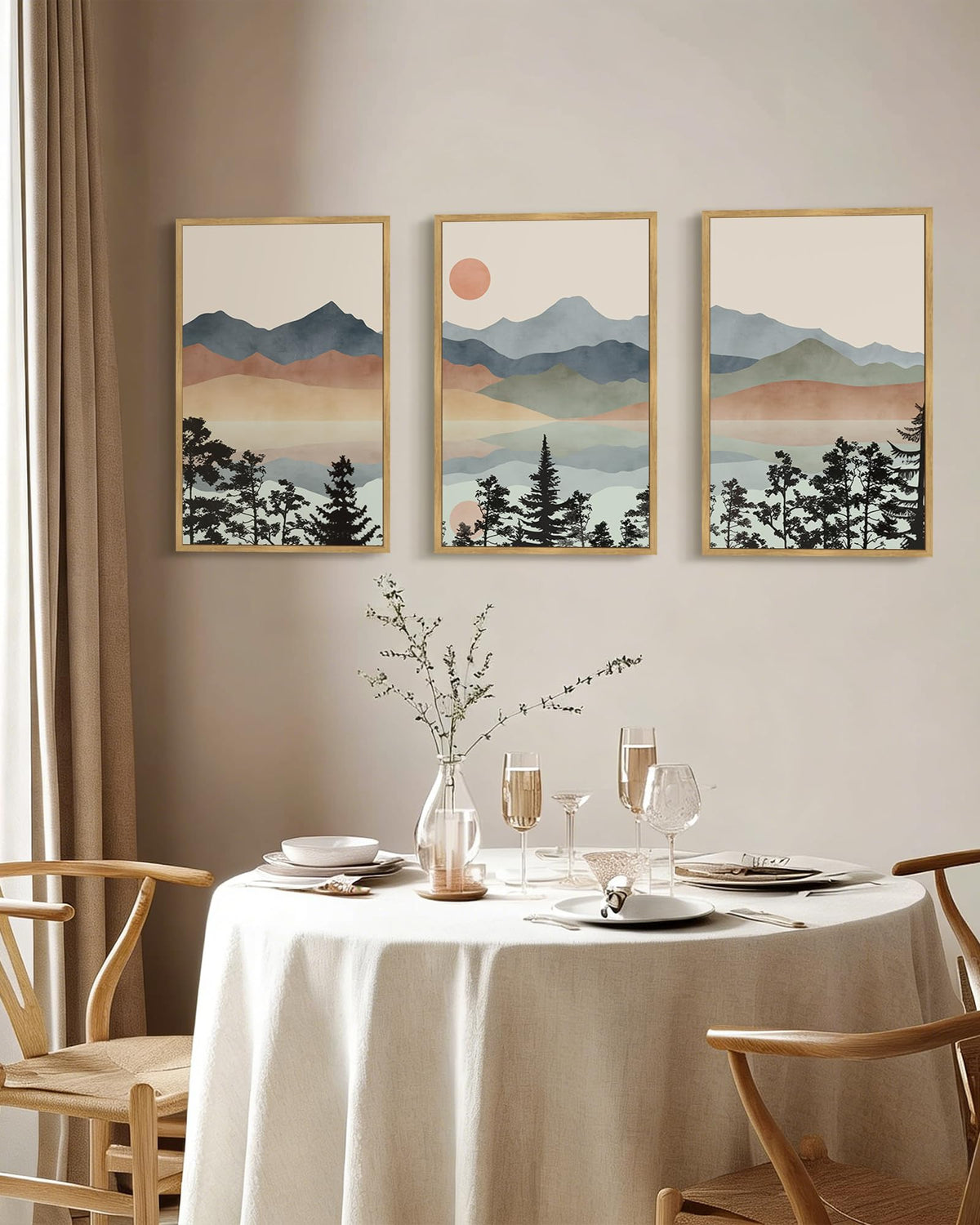 Drsoum Mountain Range Landscape Wall Art Framed Ink Wash Watercolor Nature Wall Decor Laker Sun Rises Prints Bedroom Living Room Ready to Hang 16x24in Natural Framed