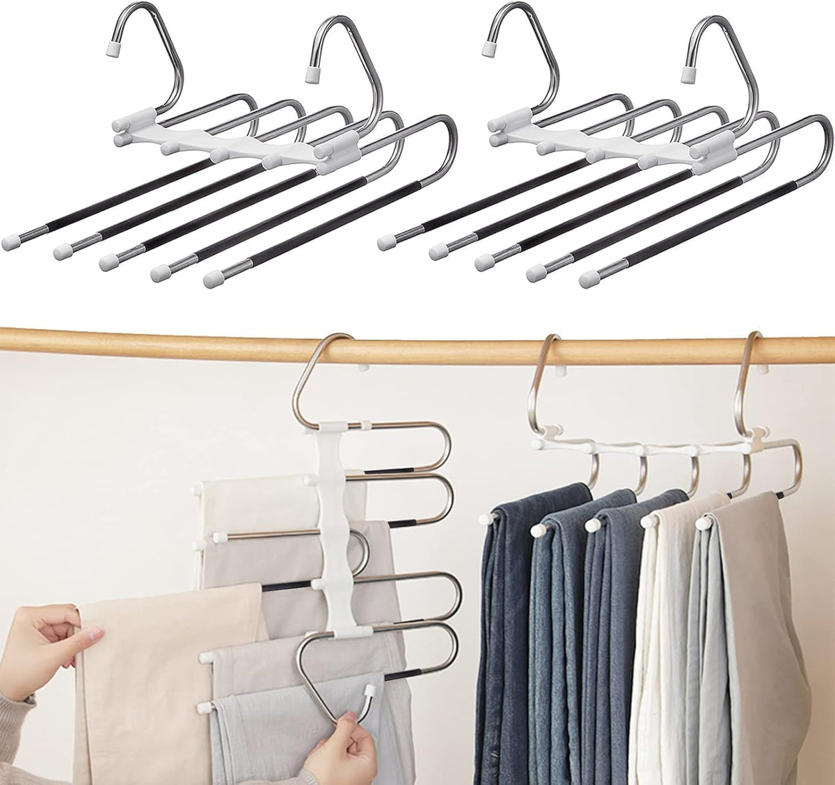 Space Saving Pants Hangers with Metal Clips, 2 Pack, Multi-Layer Closet Organizer for Trousers and Scarves