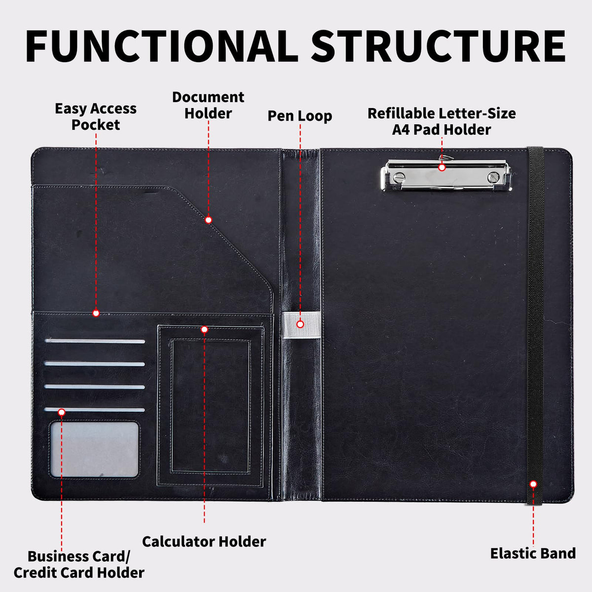 DIGTIALL Padfolio Folder with Clipboard,Portfolios Organizer Clipboards with Storage Clipboard Writing Pad PU Leather Conference Document Organizer with Business Card Holder,Cherry Blossom