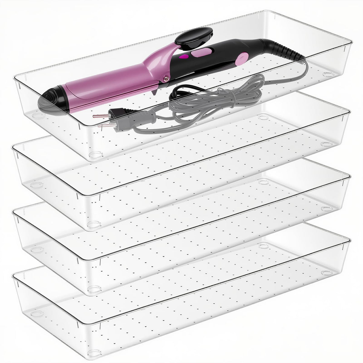 Manalete 4 Pack 15"x6" Extra Large Clear Plastic Drawer Organizer Trays, Multi-Purpose Storage Bins for Vanity, Makeup, Kitchen Utensils, Bathroom, Office Desk, Auto Tools & Craft Supplies