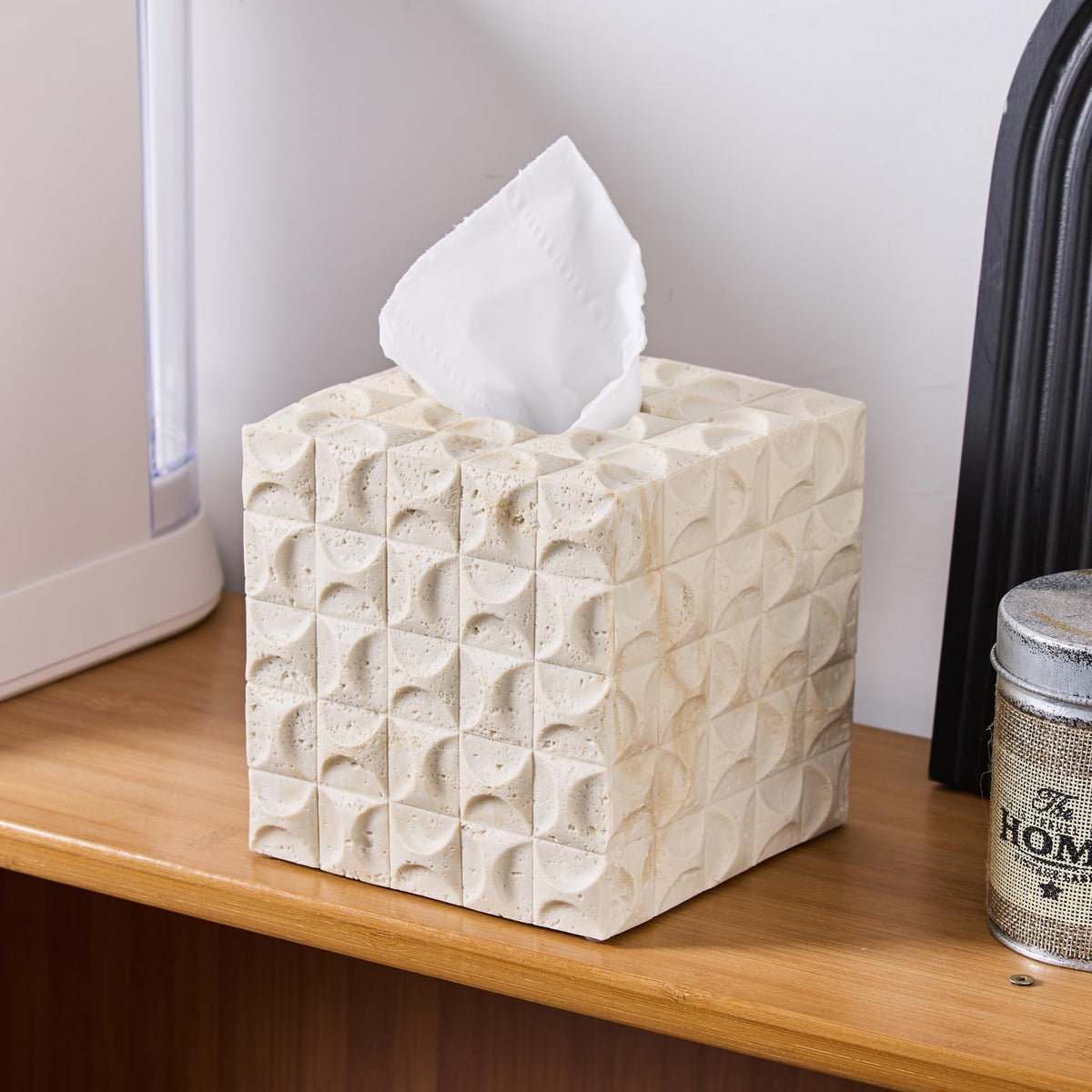 Natural Travertine Textures Tissue Box Cover Square for Home Decor, Relief Sculptured Geometric Cube Resin Heavy Tissue Box Holder for Bathroom Countertop, Tabletop, Night Stand, Office Desk (Beige)