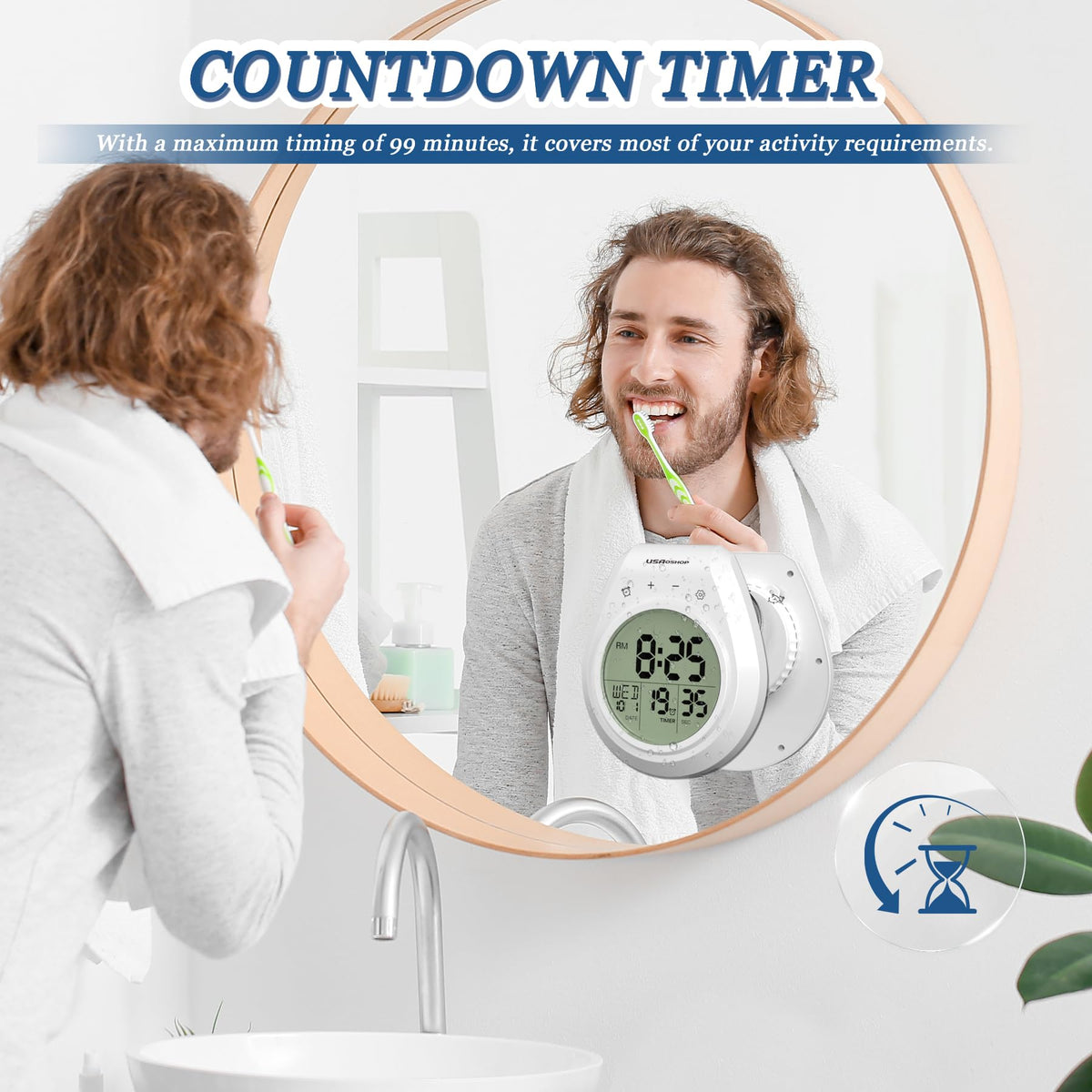 USAOSHOP Shower Clock Waterproof Bathroom Timer, Digital Wall Clock Kitchen Clock with Countdown, Touch Screen, Temperature, Calendar, Suction Cup Hanging Hole, for Spa Cook Bath