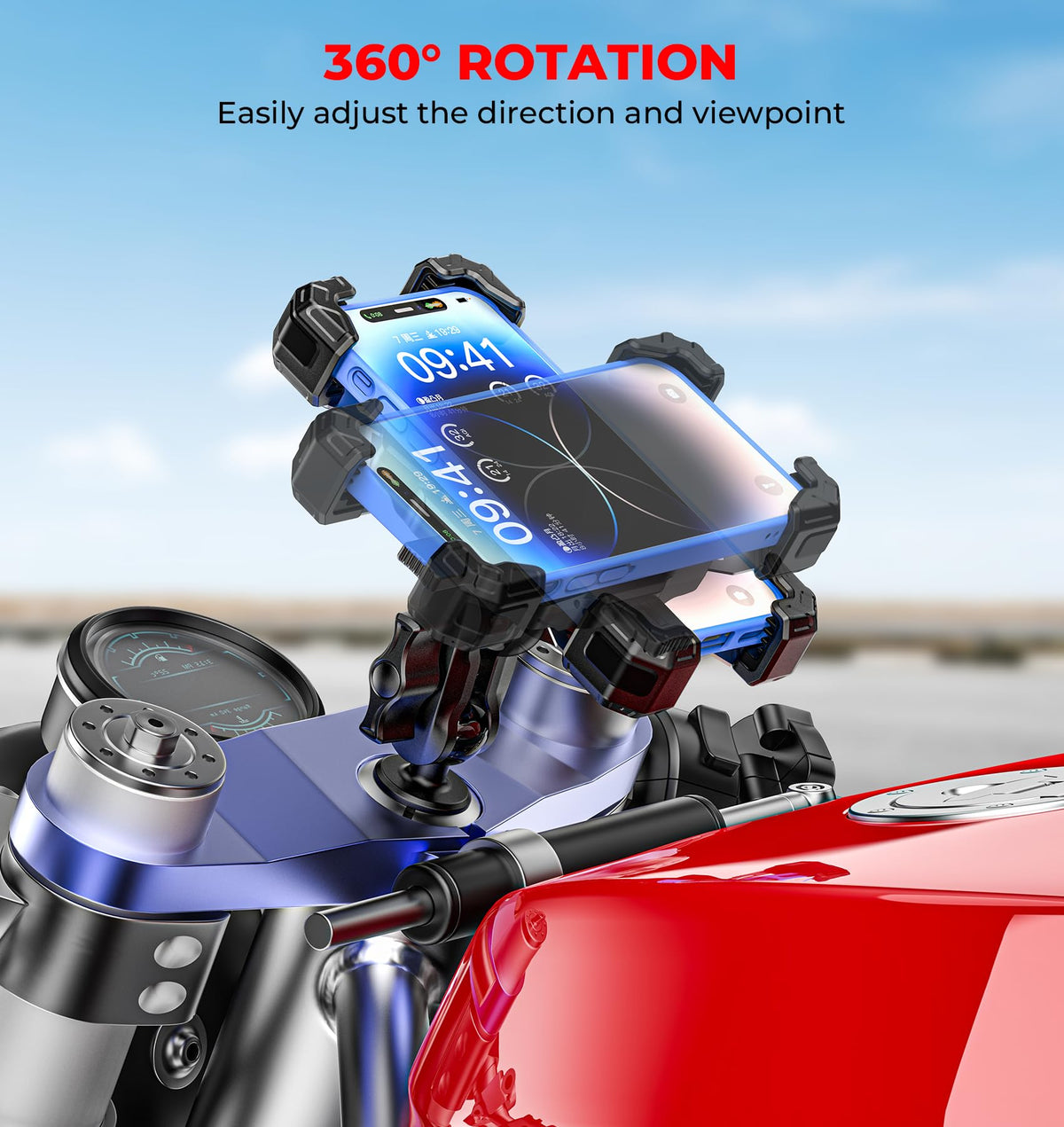 VAZESWIN Motorcycle Fork Stem Phone Mount, 1s Auto Lock & Release, Anti-Theft Motorcycle Phone Holder with Aluminum Alloy 1" Ball Short Arm, for 12-25.4mm Diameter Fork Stems, for 5.4"-7" Cellphones