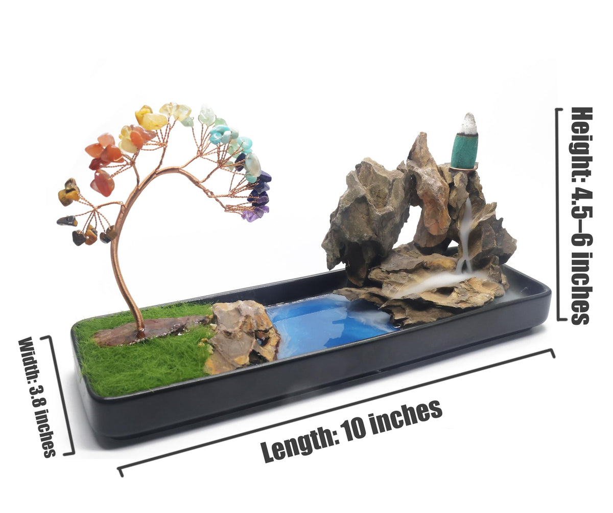 Lavoio Chakra Backflow Incense Burner – Handmade Natural Stone Waterfall Fountain with 7 Chakra Crystals – Aromatherapy Decor for Meditation, Yoga & Home Ambience (chakra tree)