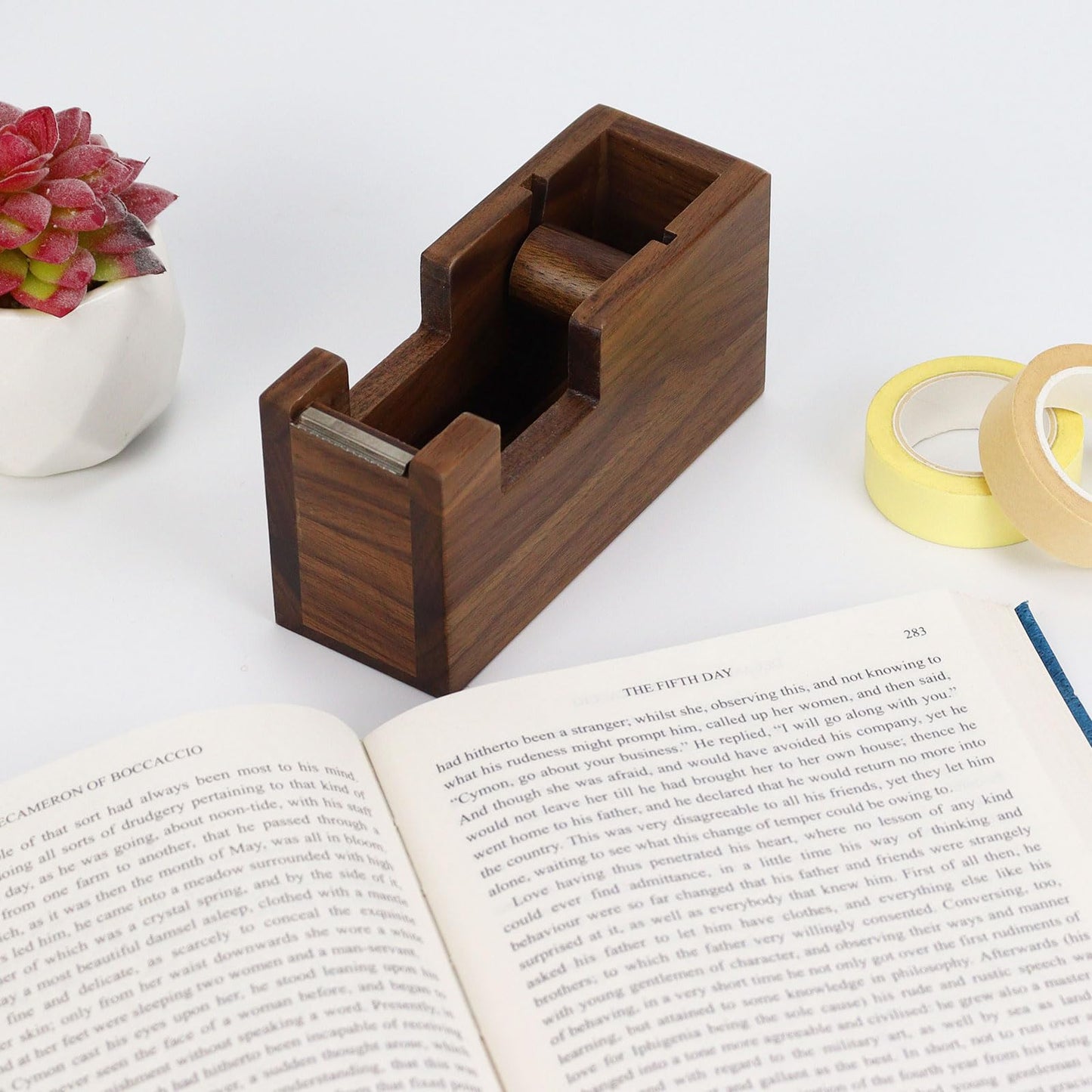 Buqoo Wood Desk Tape Dispenser Natural Walnut Wood Tape Desk Dispenser Cute Packing Tape Dispenser Sturdy and Stylish Adhesive Tape Holder for Office and Home Use (Black Walnut)