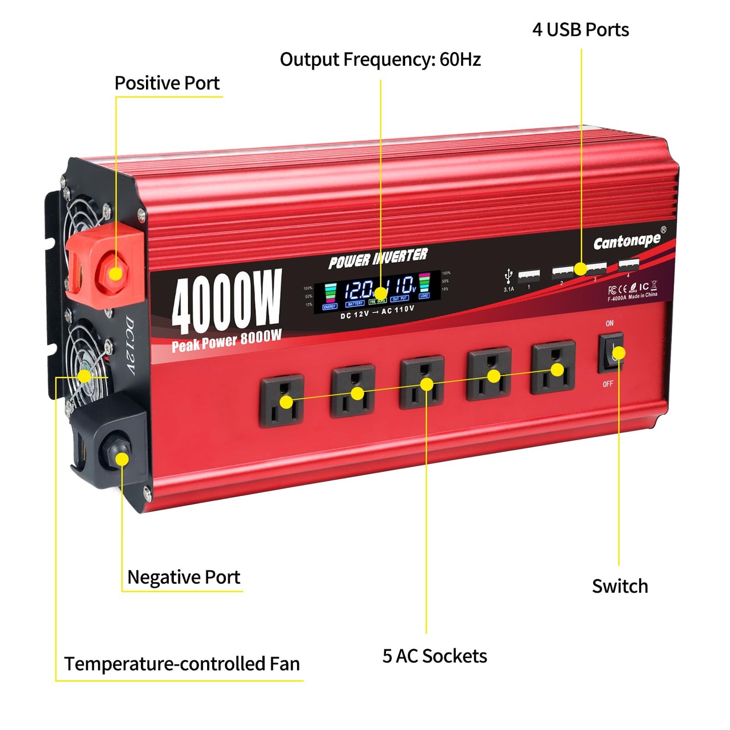 Cantonape 4000W Power Inverter 12V to 110V/120V DC to AC with LCD Display, Remote Controller 5 x AC Outlets and 4 x 3.1A USB Car Adapter for Car Truck Boat RV Solar System