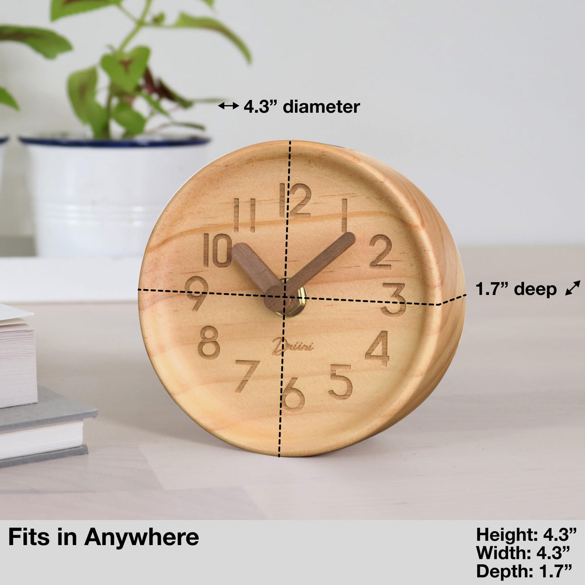 Driini Wooden Analog Desktop Clock – 4.3 in. Decorative Pinewood, No-Tick Design – Easy to Read Silent Sweep Mantle Clock – Quiet Tabletop Clocks with Wood Body, Hands, & Battery Cover; Light
