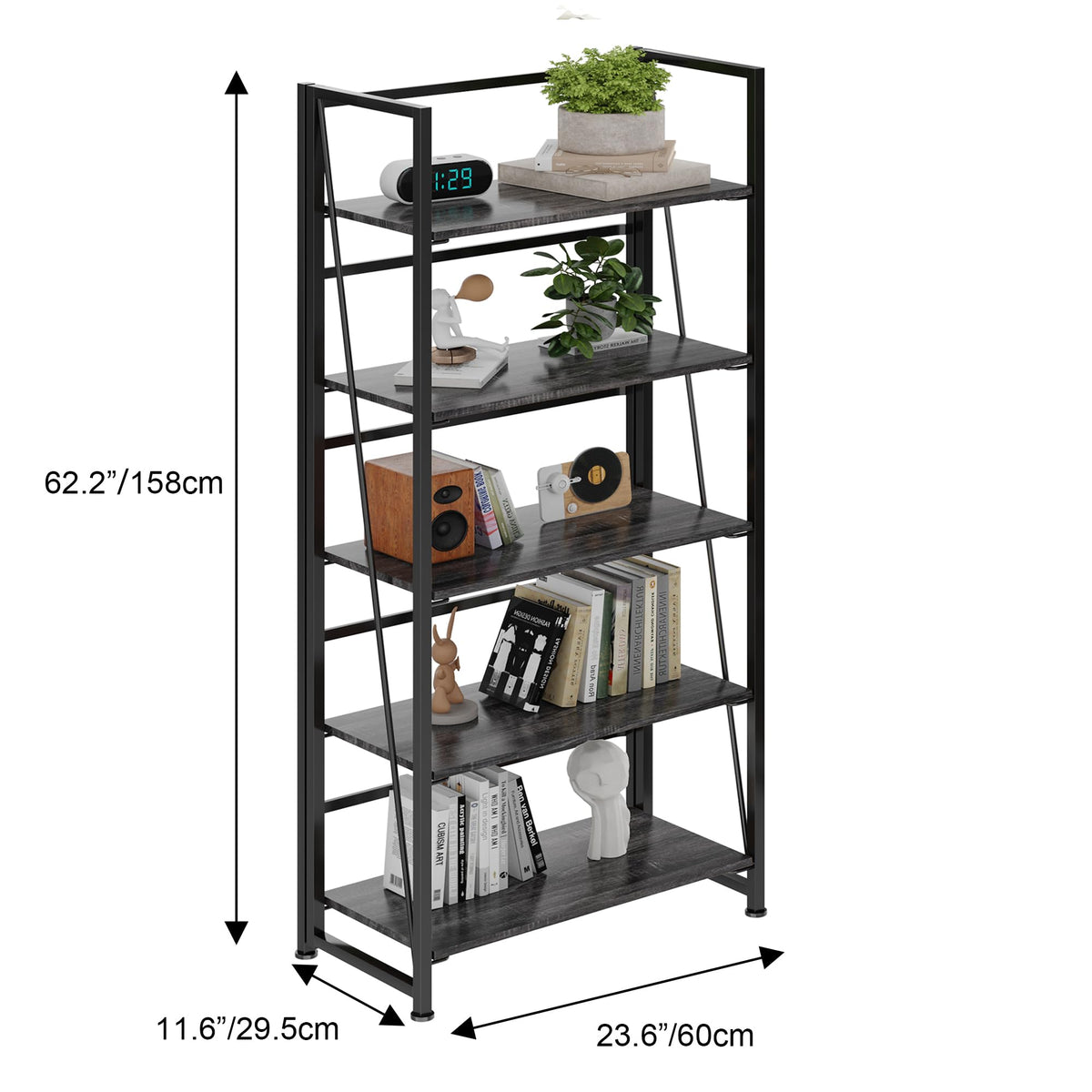 BHG Vintage Multifunctional Folding Bookshelf, No-Assembly Plant Stand Storage Rack Shelves for Home Office (Gray, 5-Tier)