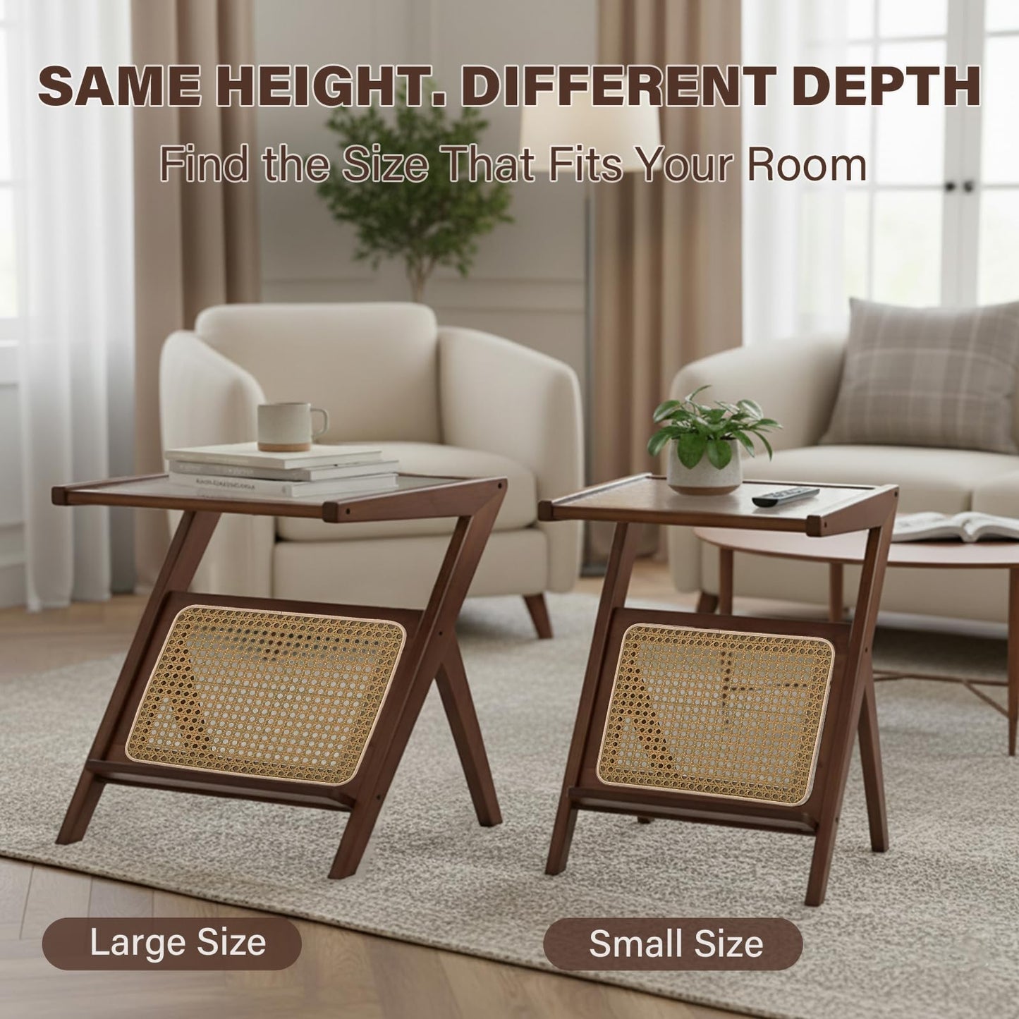 Tiita Rattan Nightstand Side Table, Bamboo Accent Bedside Tables, Glass Coffee Tables, Boho Wooden End Table with Storage for Small Space, Living Room and Bedroom