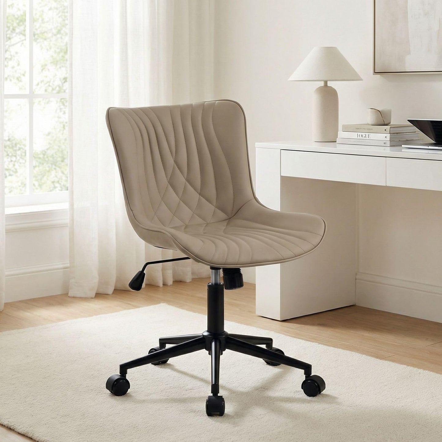 YOUNIKE Office Chair, Desk Chair with Wheels, Home Office Computer Task Chairs, Modern Faux Leather Padded Vanity Chair, Adjustable Swivel Armless Office Chairs with Back, Khaki