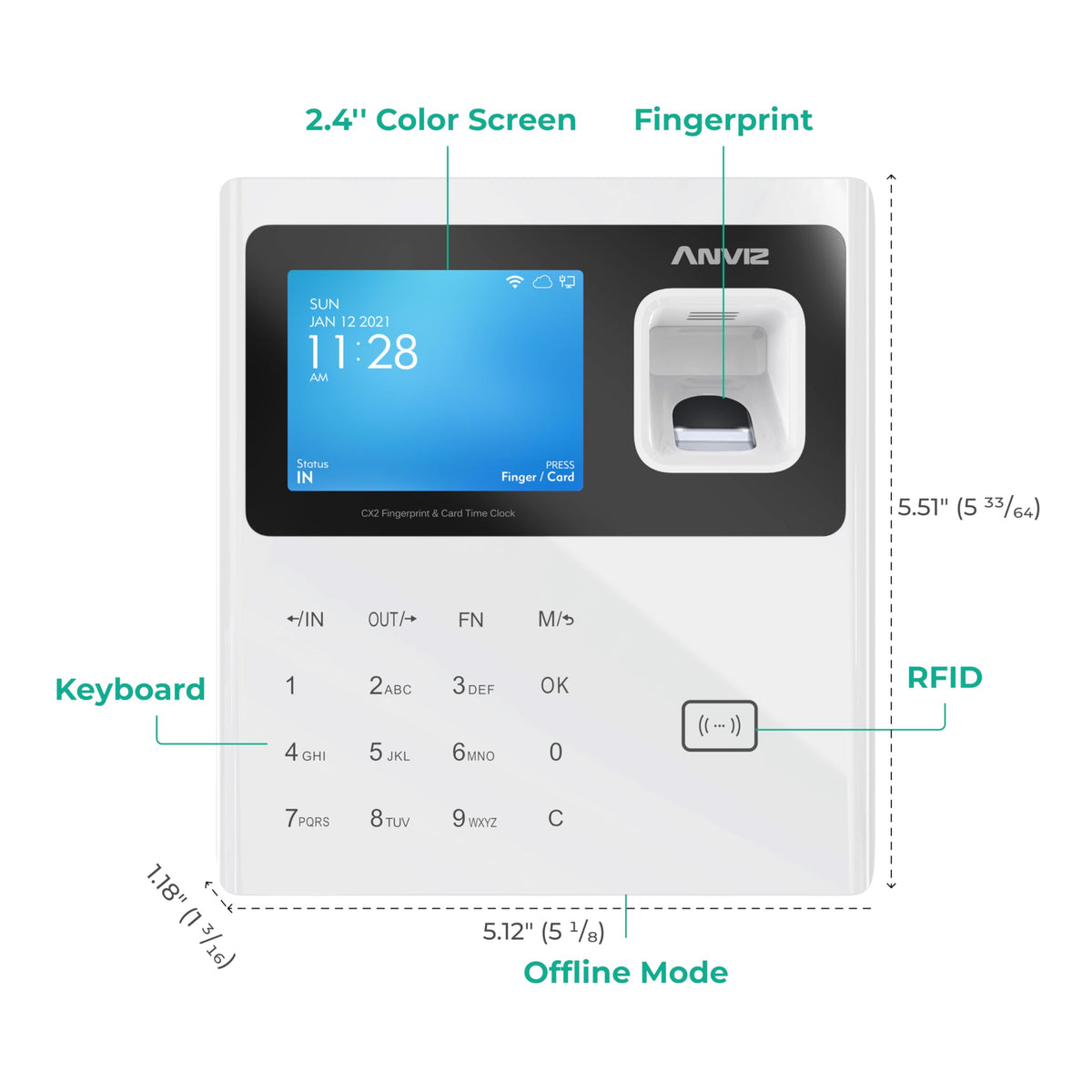 ANVIZ Time Clocks for Employees Small Business - Forever Free Cloud Software - W1 Pro Fingerprint Biometric Clock in and Out Attendance Machine, White