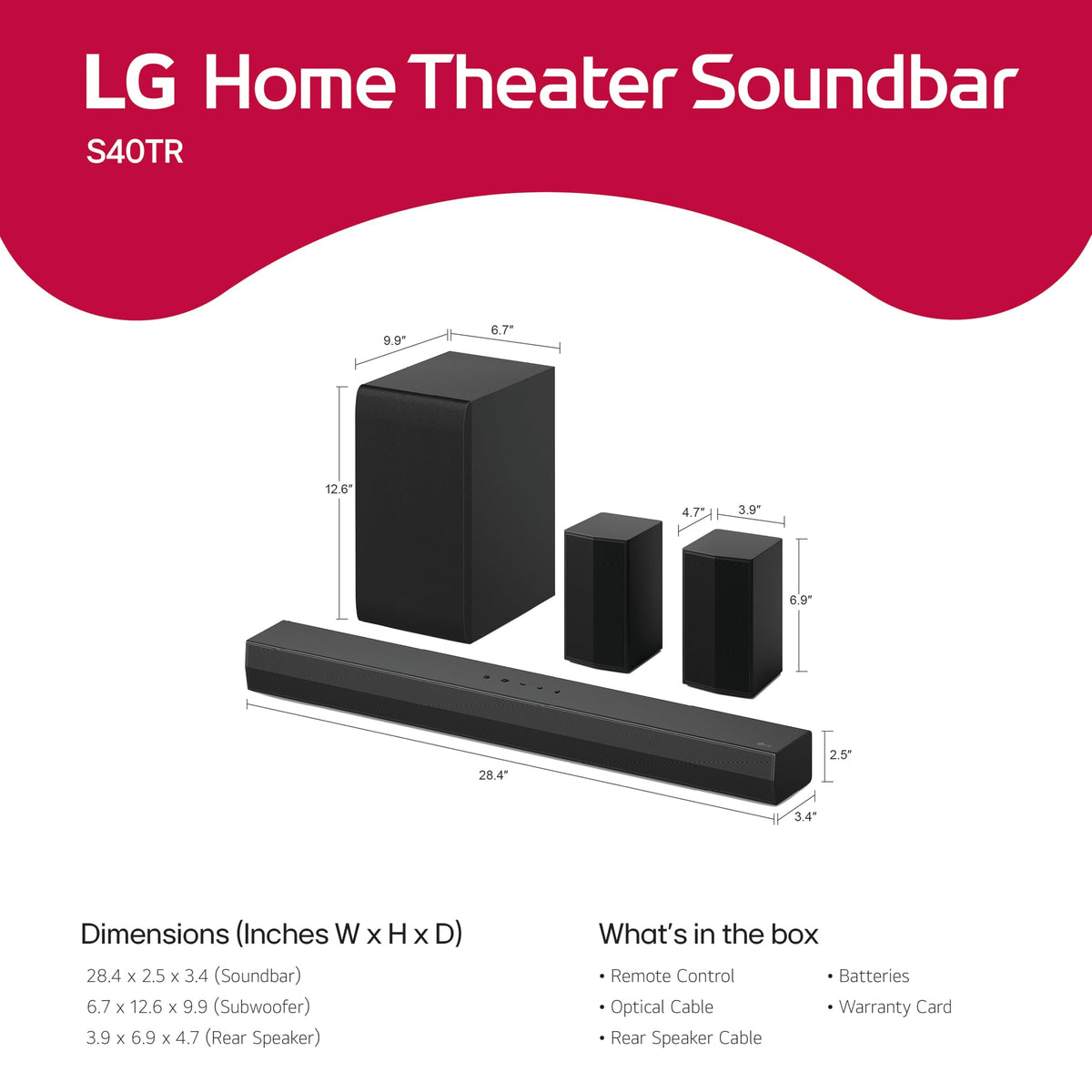 LG S40TR 4.1 ch. Home Theater Soundbar with Rear Surround Speakers and Wireless Subwoofer, Wow Interface, Dolby Audio, AI Sound Pro, Amazon Exclusive
