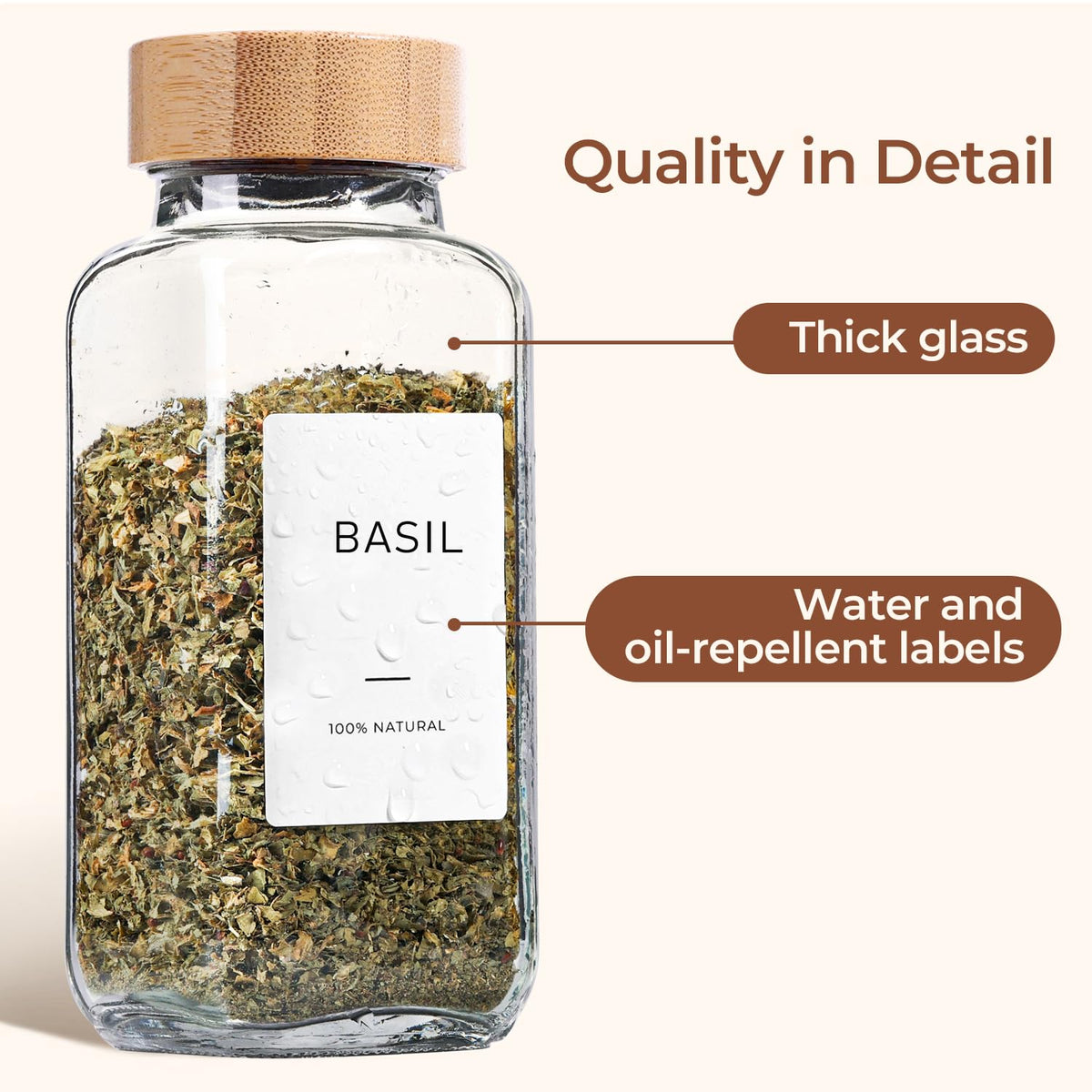 ComSaf 8 oz 6Pcs Glass Spice Jars with Label, Empty Spice Containers with Bamboo Lids, Square Seasoning Containers Trial and Supplement Set, Small Seasoning Bottles for Salt, Herbs, Sugar, Pepper