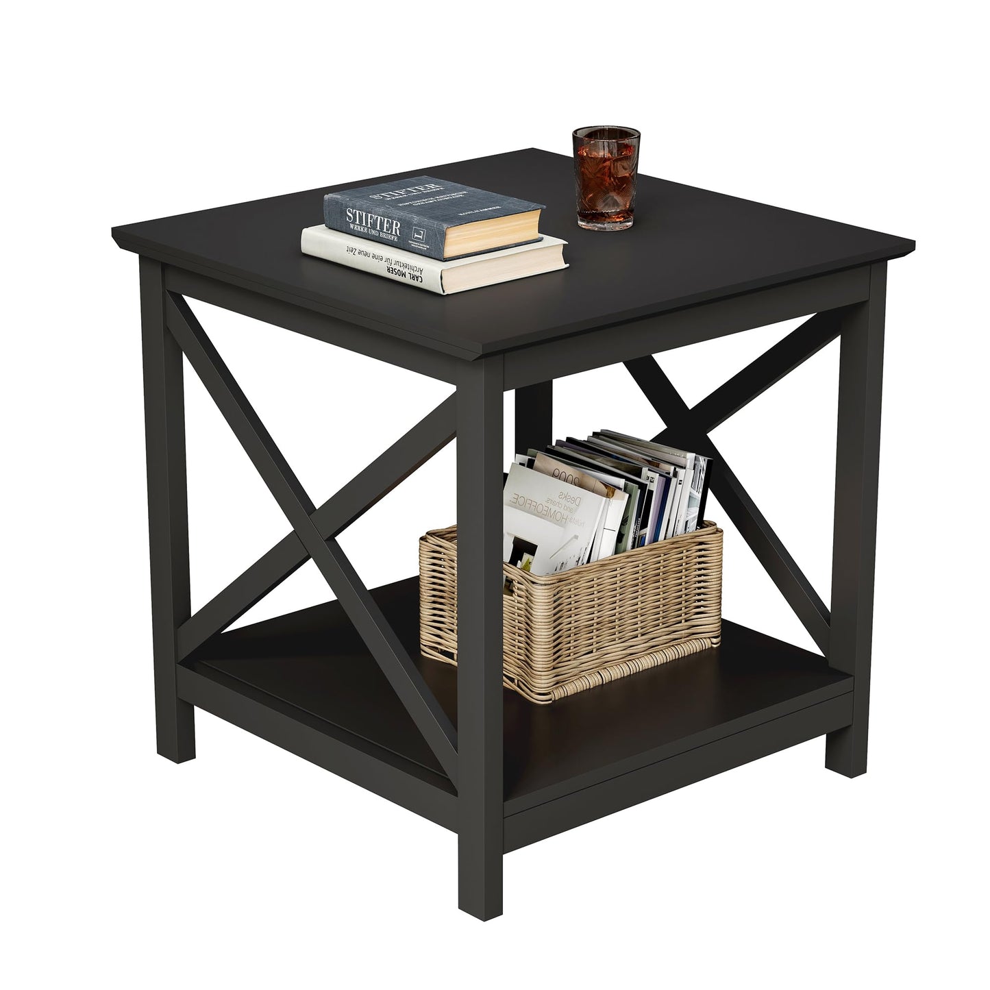 ChooChoo End Table, 24 Inch End Table with 2-Tier Storage Shelf, Side Table for Living Room, Wood Nightstand for Bedroom, Office, Painted Surface, Black