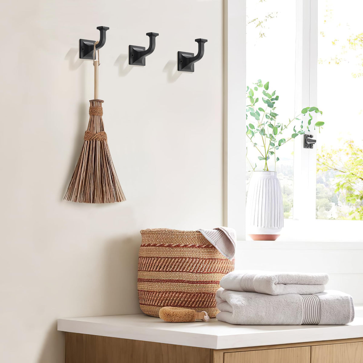 SAILING 3 Pack Coat Hooks - Matte Black Robe Hooks Decorative Wall Hooks for Bathroom Bedroom Kitchen Towel Robe Clothes Cabinet Closet Bathroom Hardware