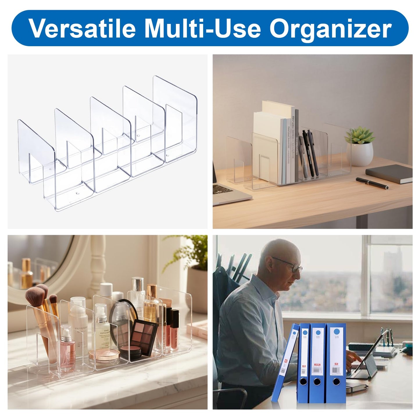 4 Pack Clear PVC File Sorter, Desktop Organizer Holder for Books, Magazines, Purses, Mail & Office Supplies, 4-Section Document Letter Stand Rack