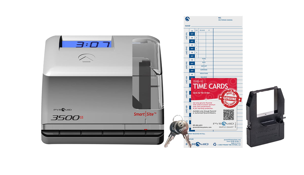 Pyramid Time Systems 3500ss Employment Time Clock & Document Stamp, Unlimited Employees, 5-1/2"H x 6-1/2"W x 6-1/2"D, Gr
