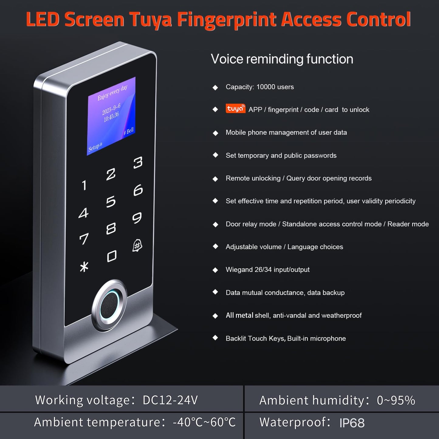 Wireless WiFi TUYA Access Control System with LED Screen/Voice, Fingerprint Password Stand-Alone Door Access Control Keypad, WG26/34 EM Card Reader Access Controller, Full Metal Weatherproof