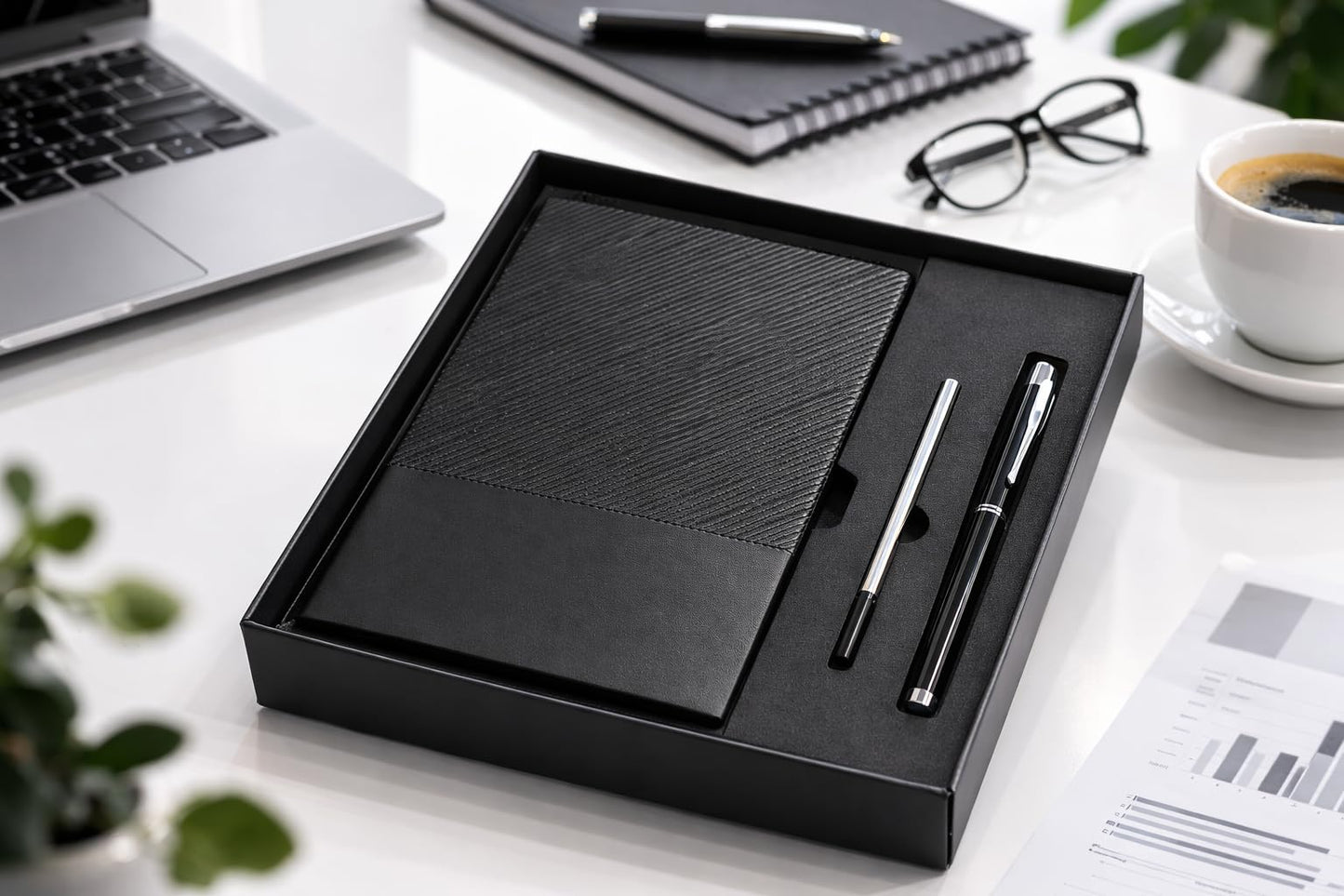 Business Office A5 Soft Leather Notebook Gift Set with Pen, Black, Professional Stationery Set with Premium Pens