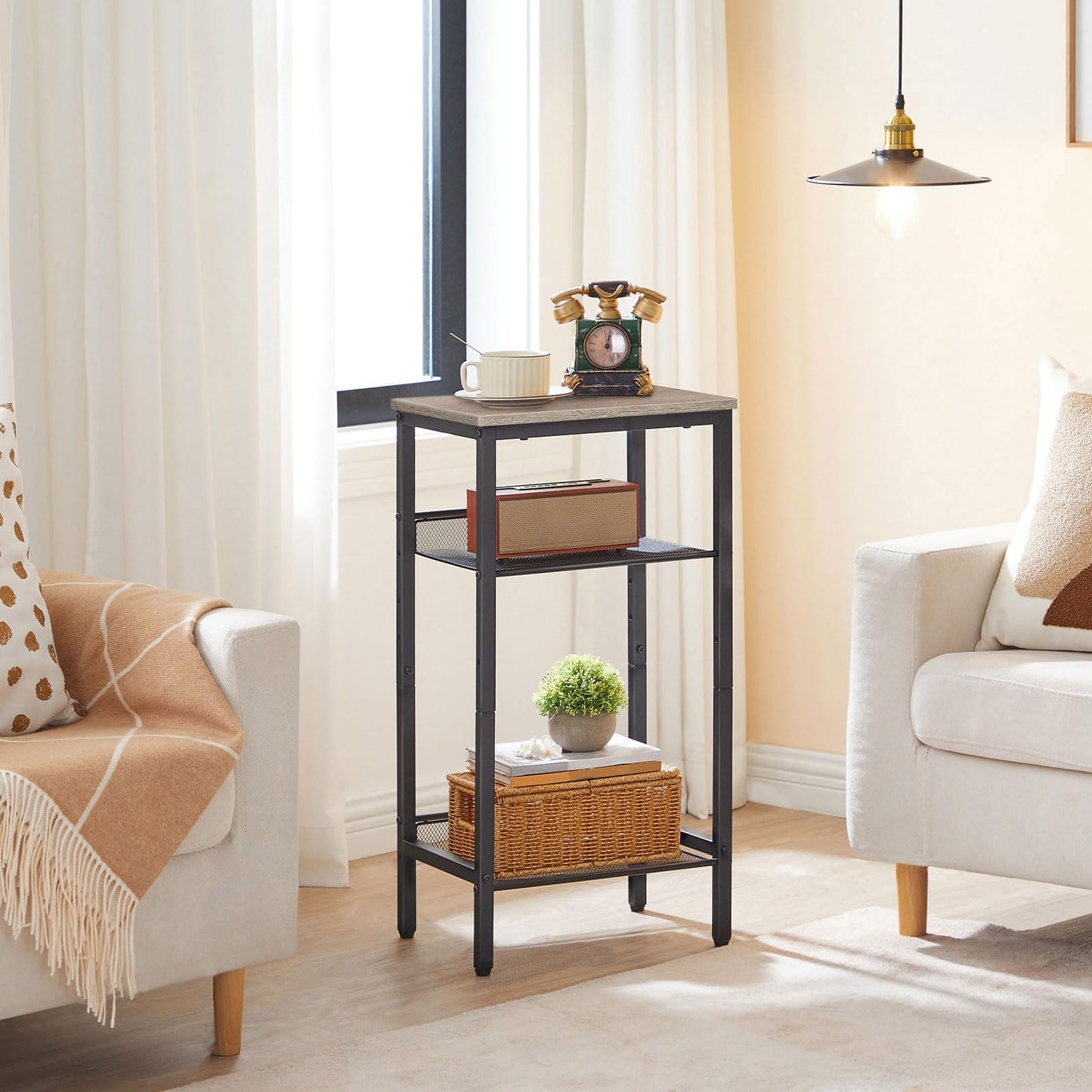 HOOBRO Tall Side Table, 3-Tier Telephone End Table with Adjustable Mesh Shelves, Small Entryway Table with Storage, Small Nightstand for Living Room, Bedroom, Hallway, Office, Greige BG01DH01G1