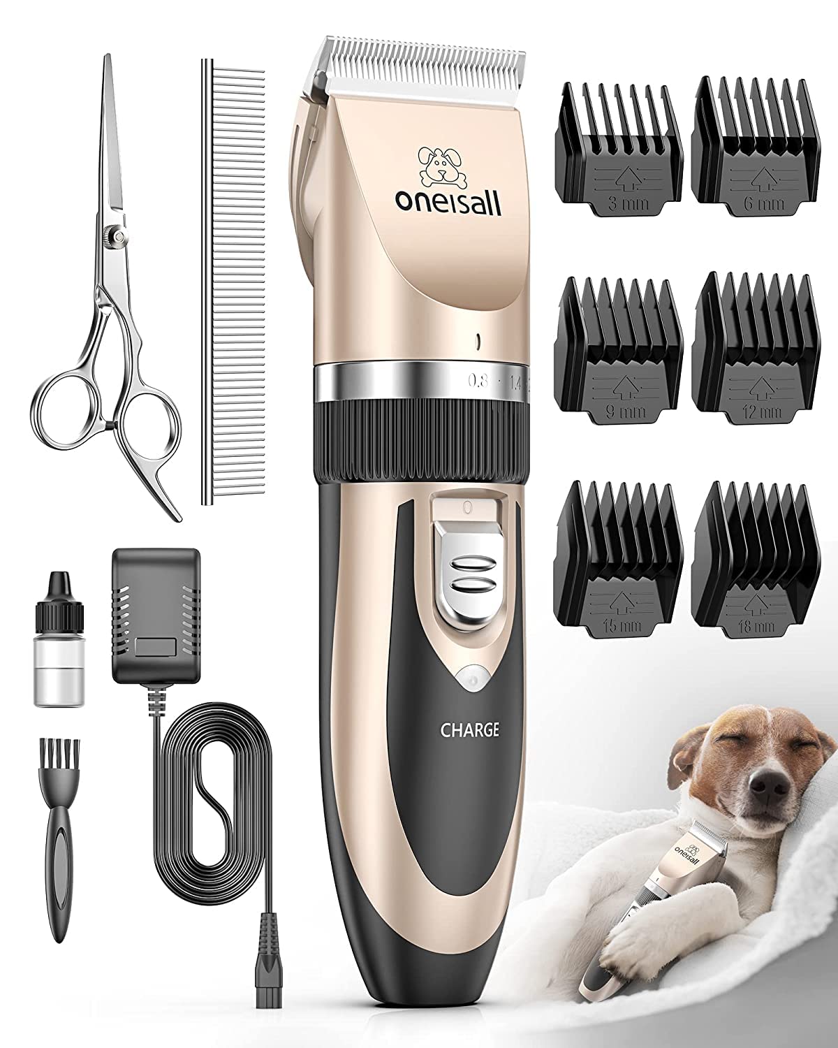 oneisall Dog Clipper Low Noise, Dog Grooming Kit with Rechargeable, Pet Shaver Cordless Electric Quiet Hair Clipper Set for Dogs Cats Pets（Gold）