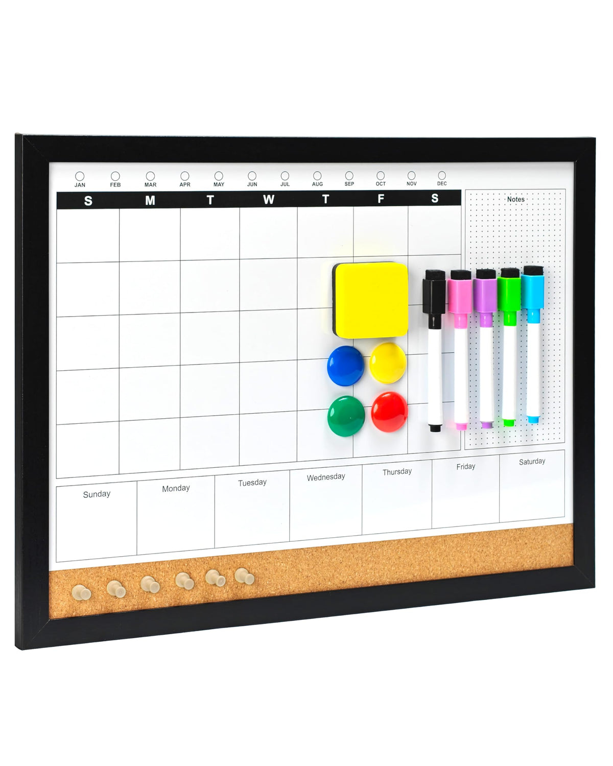 Dry Erase Calendar Whiteboard for Wall, 4-in-1 Magnetic Monthly Whiteboard with Wooden Framed, 17" x 13", Reusable Monthly Combination Planner Board for Home, Office, Classroom