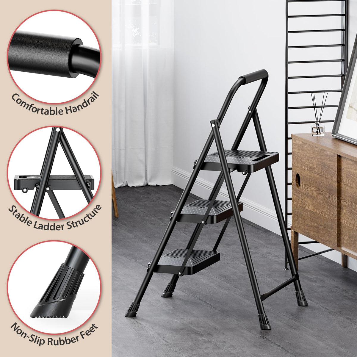 KINGRACK 3 Step Ladder, Folding Step Stool with Safe-Lock Design, 500 lbs Sturdy Steel Ladder with Wide Anti-Slip Pedal, Convenient Handrail for Household and Kitchen, Black