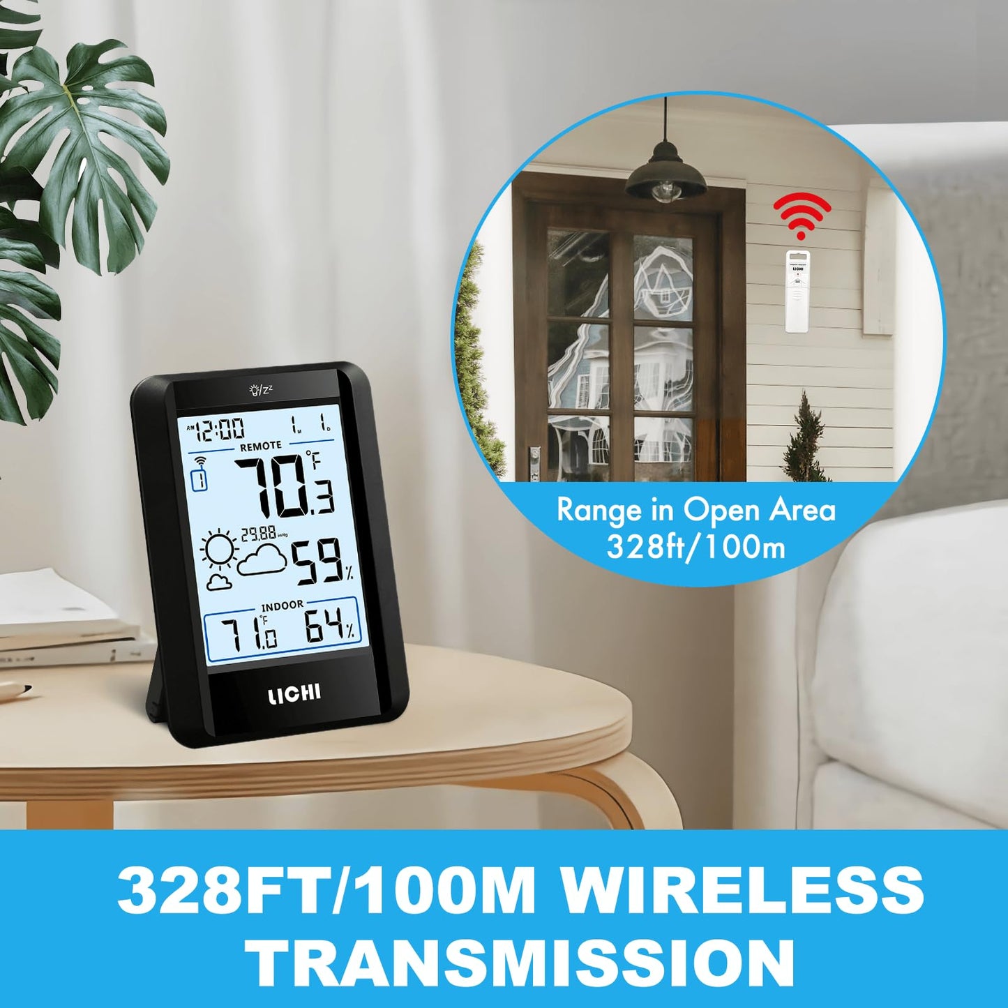 Indoor Outdoor Thermometer Wireless Weather Station External Thermometer Hygrometer Monitor with 330ft Range Remote Sensor, Battery Operated Backlit Display (Black)