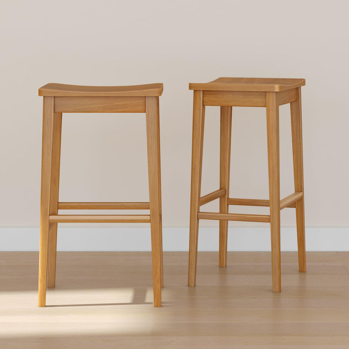Plank+Beam Smythe Bar Stool, Set of 2, 30", Sturdy Wood Modern Kitchen Bar Height Stool, Saddle Seat Backless Bar Chair, Metal Footrest, Pecan