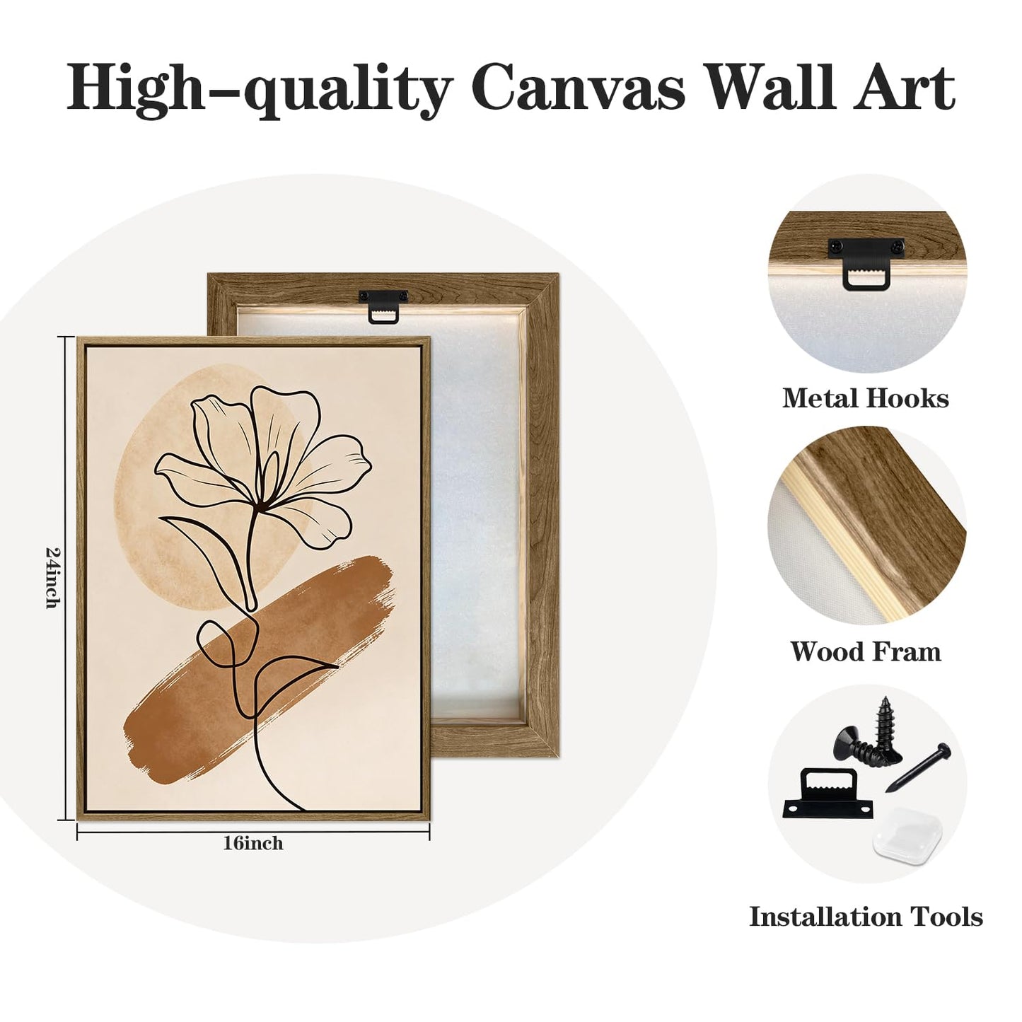 3Pcs Large Framed Botanical Canvas Wall Art, Modern Neutral Plant Abstract Canvas Prints, Minimalist Nature Wall Decor, Large Wall Art for Living Room Bedroom Office Farmhouse Decor 16 * 24in