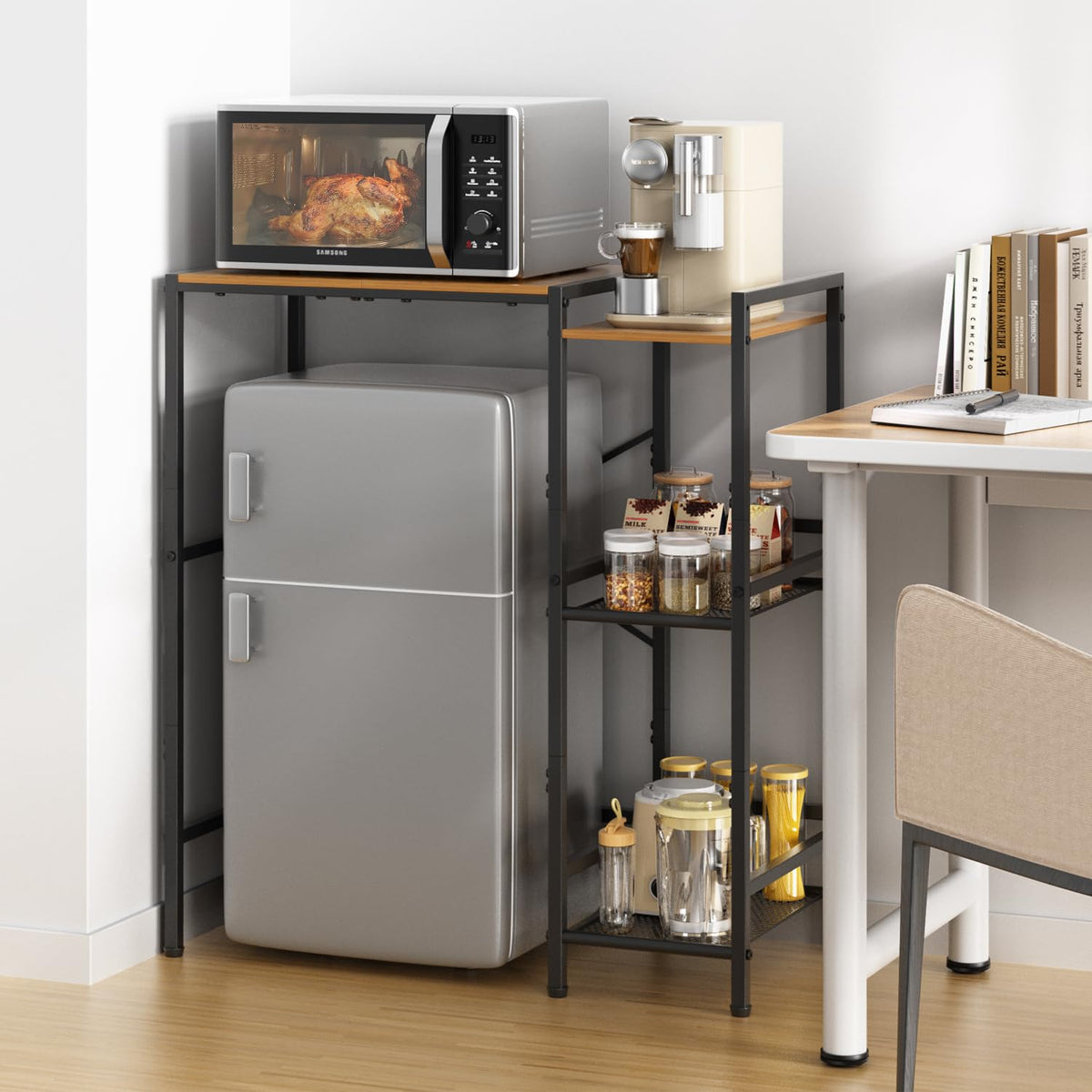 Mini Fridge Stand with Storage Shelves, Upgraded 3-Tier Mini Fridge Cabinet Stand Baker Rack for Microwave Coffee Maker Heavy Duty Metal Wood Desk For Dorm,Kitchen, Apartment, 33.4Wx15.7Dx37.2H, Brown