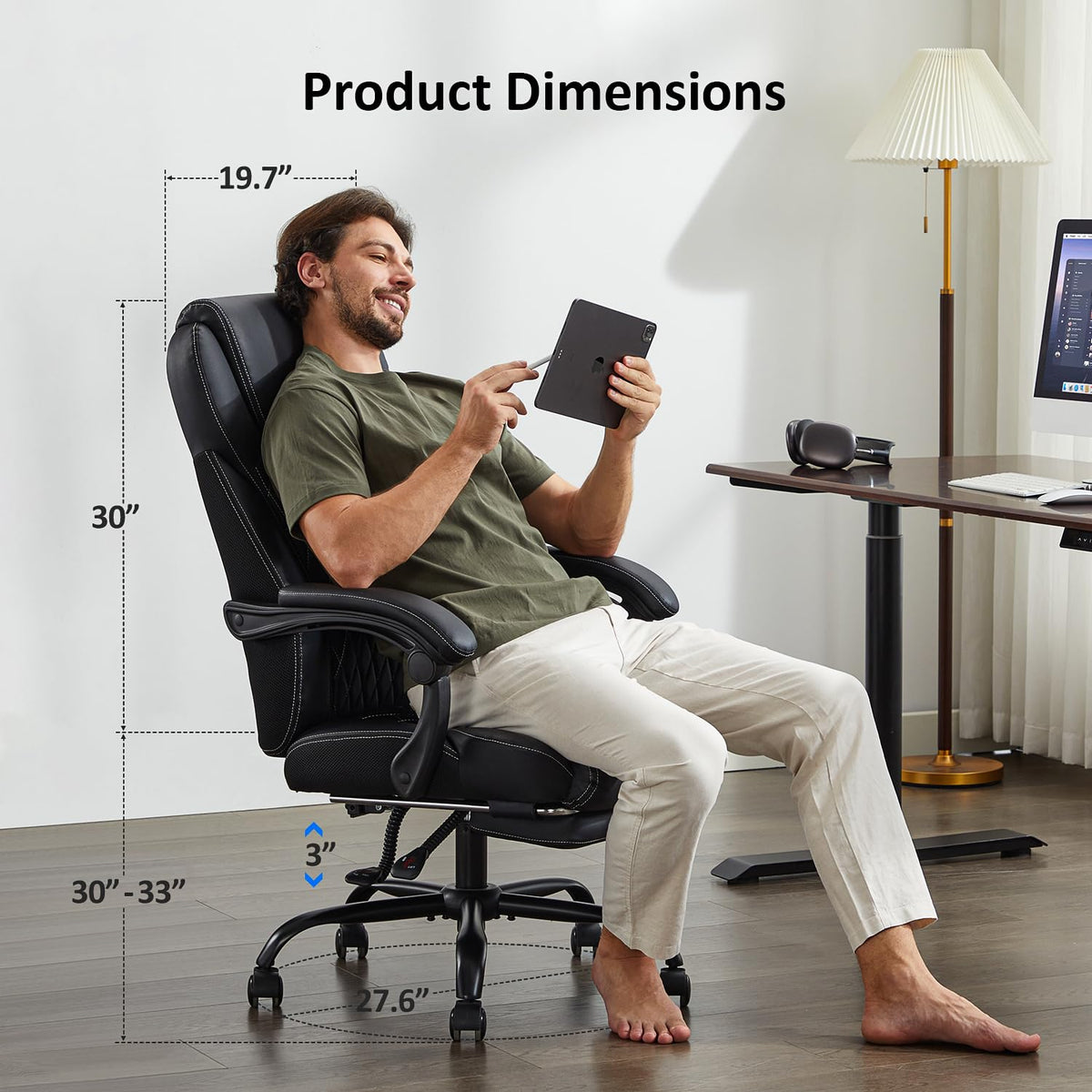 amseatec Office Chair, Big and Tall Office Chair with Foot Rest Ergonomic Chair for Home Desk, Reclining High Back Leather Chairs with Lumbar Support(Black)