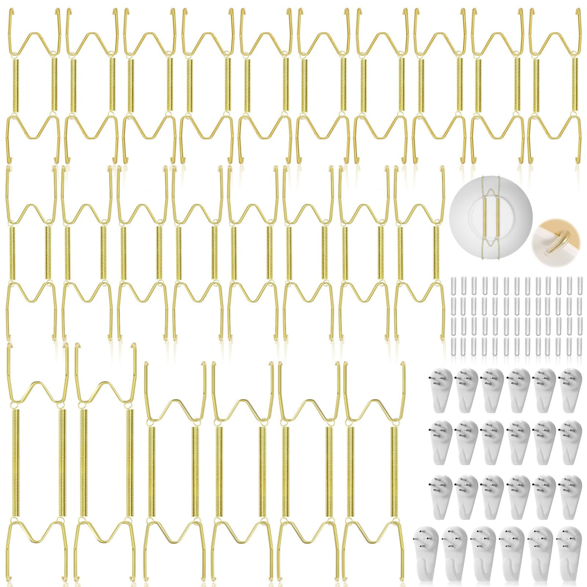24 Pack Plate Hangers for Wall Display, 6/8/10/12 Inch Invisible Stainless Steel Plate Holders with Wall Hooks, Fit 5.5–12.5 Inch Decorative Plates, Plate Display Hangers for Home Wall Decor, Gold
