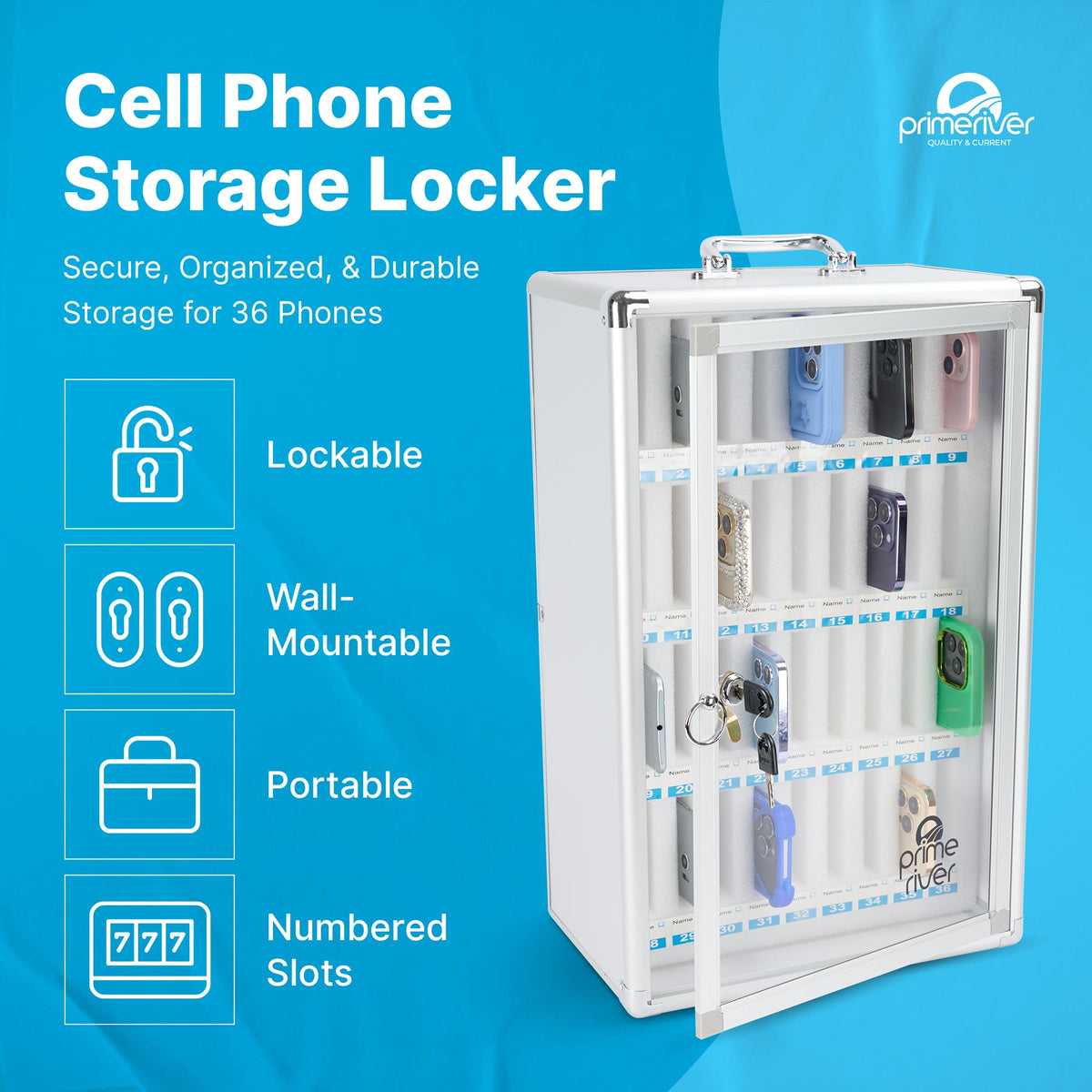PRIMERIVER Cell Phone Locker for Classroom, Gym & Office | Secure Aluminum Storage Cabinet – 36 Slots | Portable & Wall-Mounted Organizer