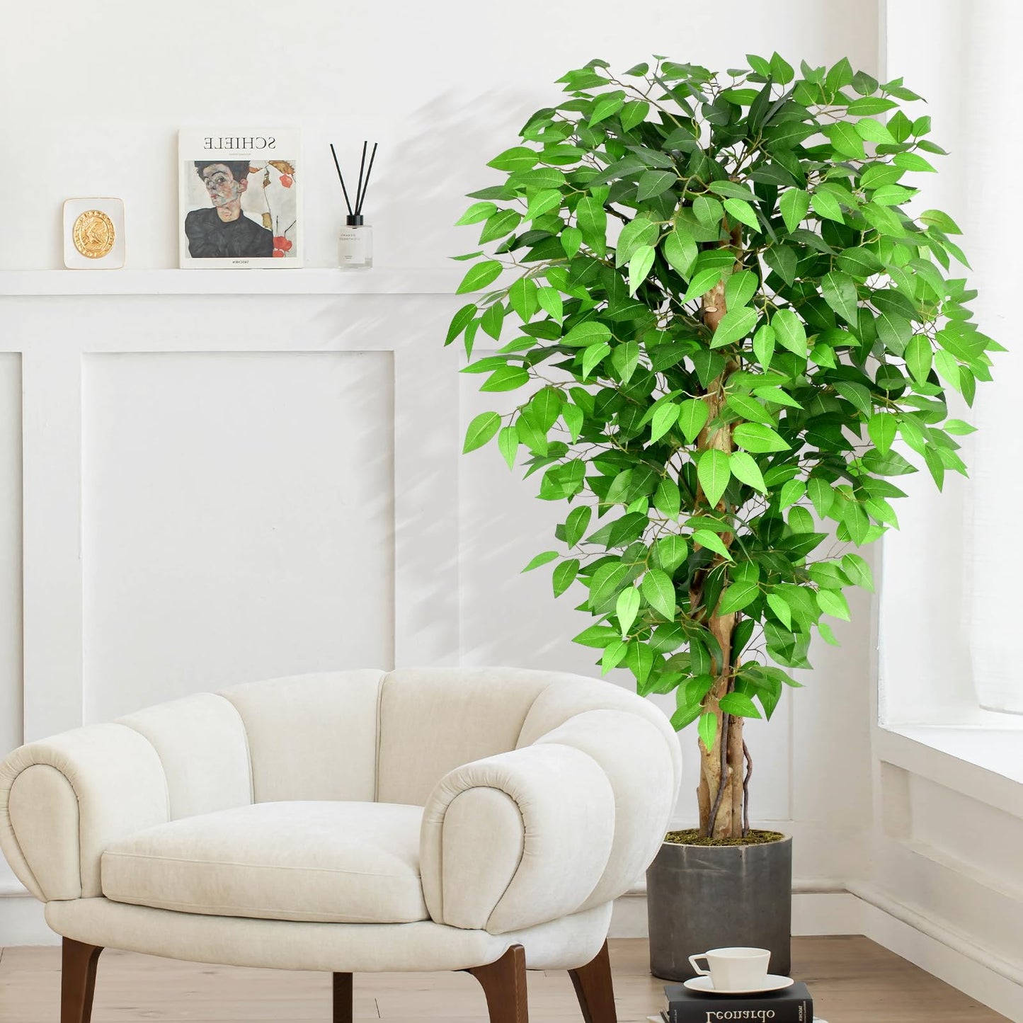 Keeplush 5ft Ficus Artificial Trees with Natural Curved Trunks, 60" Tall Lush Faux Tree for Home Decor Indoor, Green Lifelike Fake Ficus Tree Artificial Plants (Set of 2)