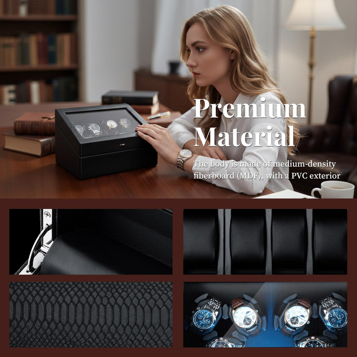 Mcbazel Watch Winder for Automatic Watches, 6 Watch Winder + 6 Storage Case, Watches Winder Box with Super Quiet Motor, Blue LED Light, Memory Foam Pillows, Gift for Men & Women - Black