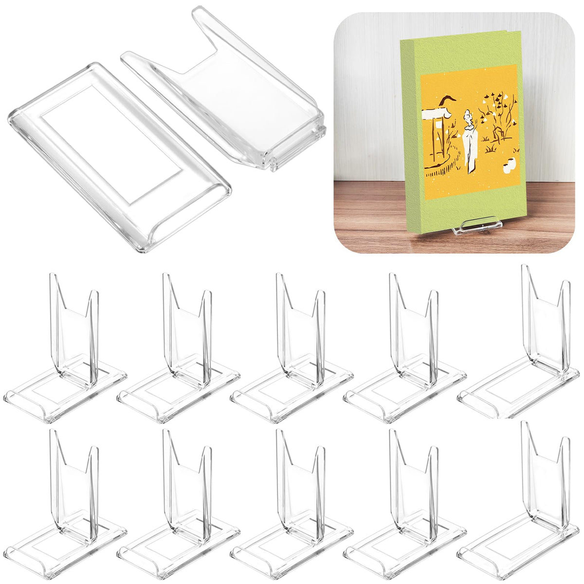 LRANFOW 10 Pack Book Display Stands Adjustable Clear Easel Collector Display Holder for Comic Artwork Album CD Magazine Postcard Cookbooks Photos