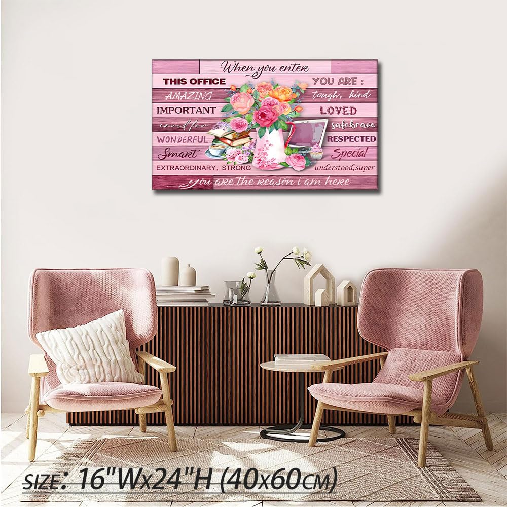 Framed Floral Canvas Wall Art Women Pink lnspirational Quotes flowers Pictures Office Wall Decor Rustic Paintings Prints Artwork Modern Poster Home for Living Room Bathroo Bedroom16x24inch(40x60cm)