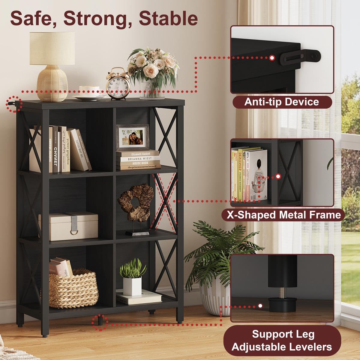 FATORRI 6 Cube Storage Organizer with Storage, Modern 4-Tier Bookshelf with X-Shaped Metal Frame, Black Wood Bookcase for Living Room, Home Office, Bedroom, Easy Assembly