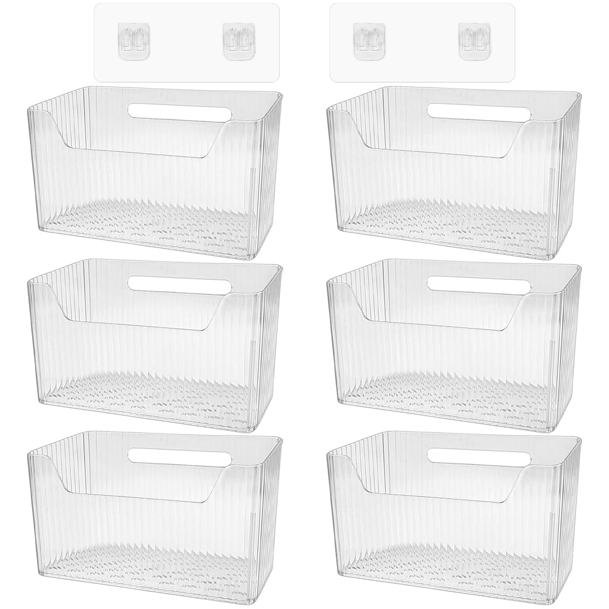 6Pcs Storage Organizer Bins Wall Mounted Organizer Basket Large Size Clear Plastic Makeup Organizer Adhesive Hanging Bin for Bathroom Kitchen Pantry