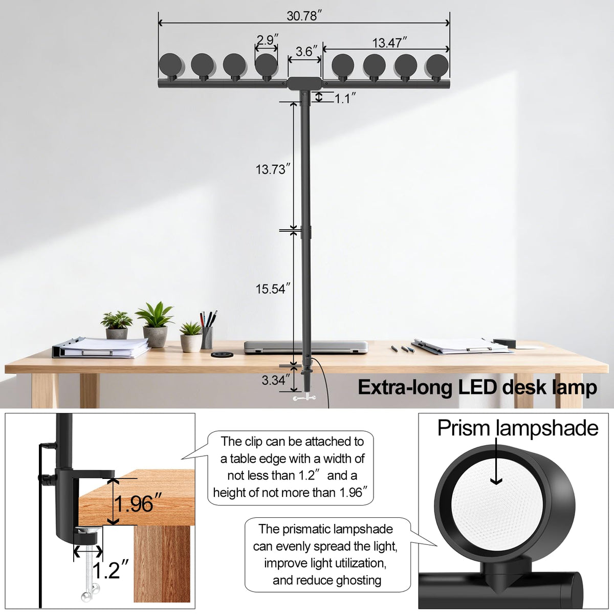 Omorepa 8 Light Sources Gooseneck Tree Desk Lamp with Clamp, 24W Eye-Care Bright LED Desk Light with Free Rotation, Dimmable Reading Table Light for Desktop Working,Drafting,Reading
