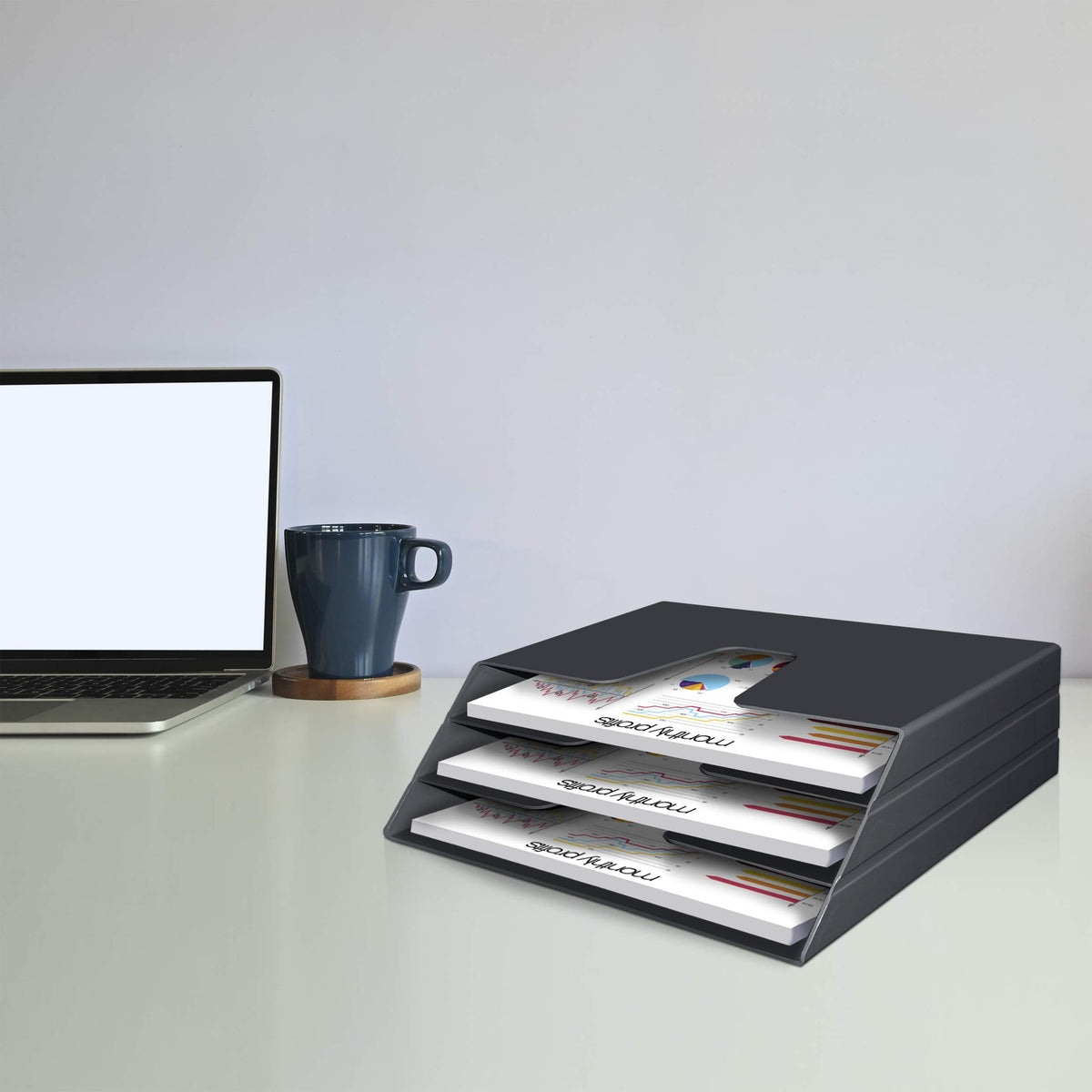Acrimet Horizontal Triple File Folder Holder Organizer, Open Top Desktop Document Sorter for Letter Size Papers & Folders, Plastic (Black)