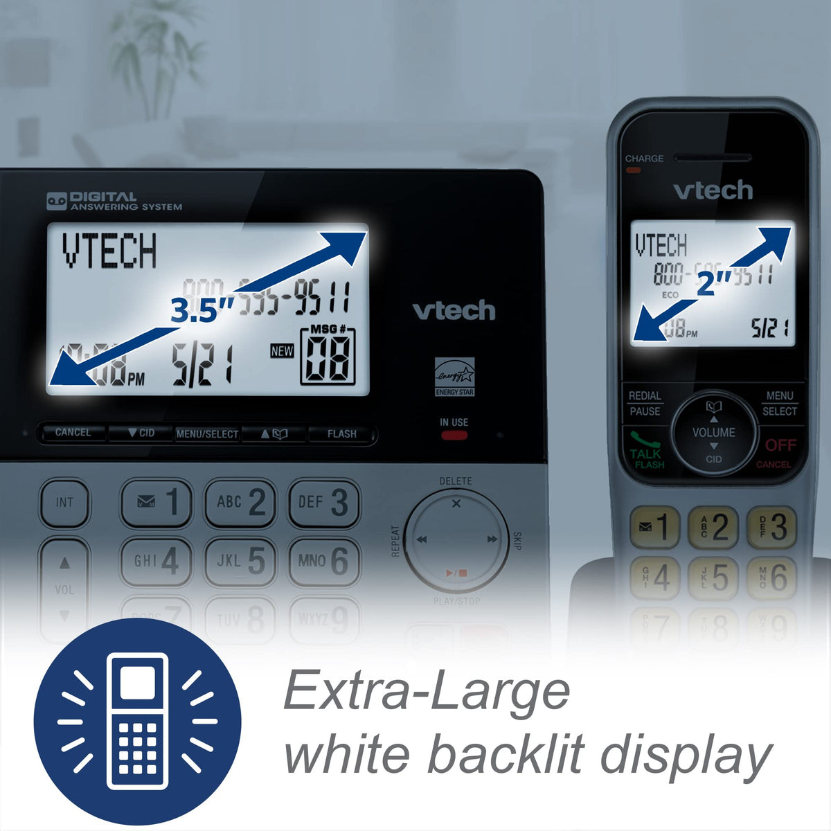 VTech VG208 DECT 6.0 Corded/Cordless Phone with Answering Machine, Call Blocking, Caller ID, Large Backlit Display, Full-Duplex Speakerphone - Silver/Black