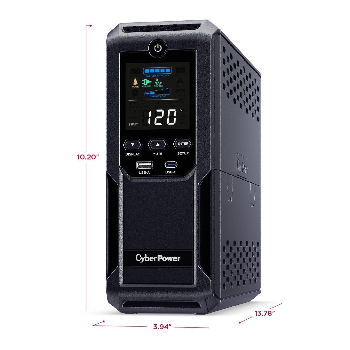 CyberPower CP1500AVRLCD3 Intelligent LCD UPS System, 1500VA/900W, 12 Outlets, 2 USB Ports, AVR, Mini Tower, Black