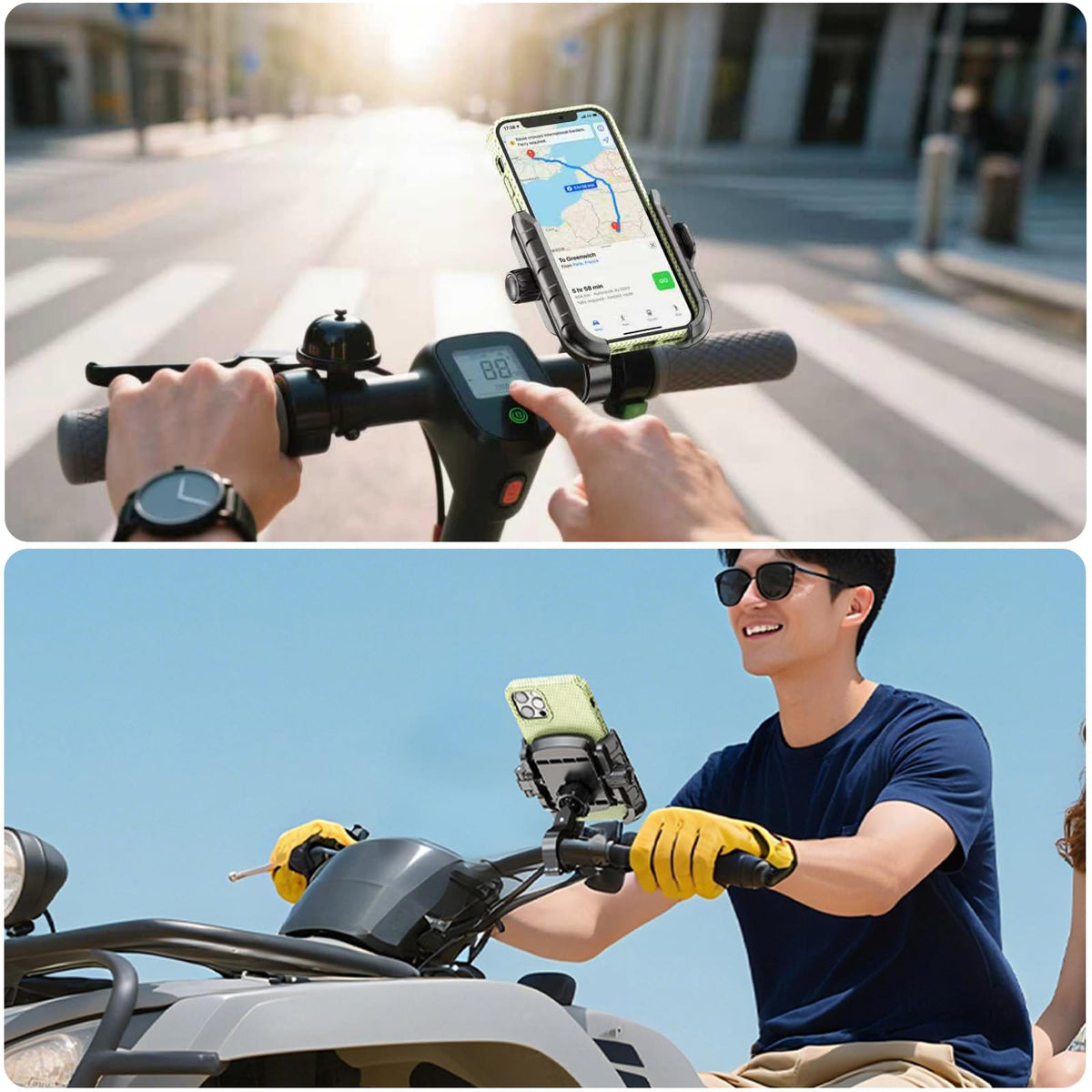 LOKTENWO Bike Motorcycle Phone Mount with Aluminum Alloy Mounting Base, [1s Lock & Release] [Camera Friendly] Bicycle Handlebar Cell Phone Holder for Scooter ATV, Fit 5.4-7.2" Smartphone
